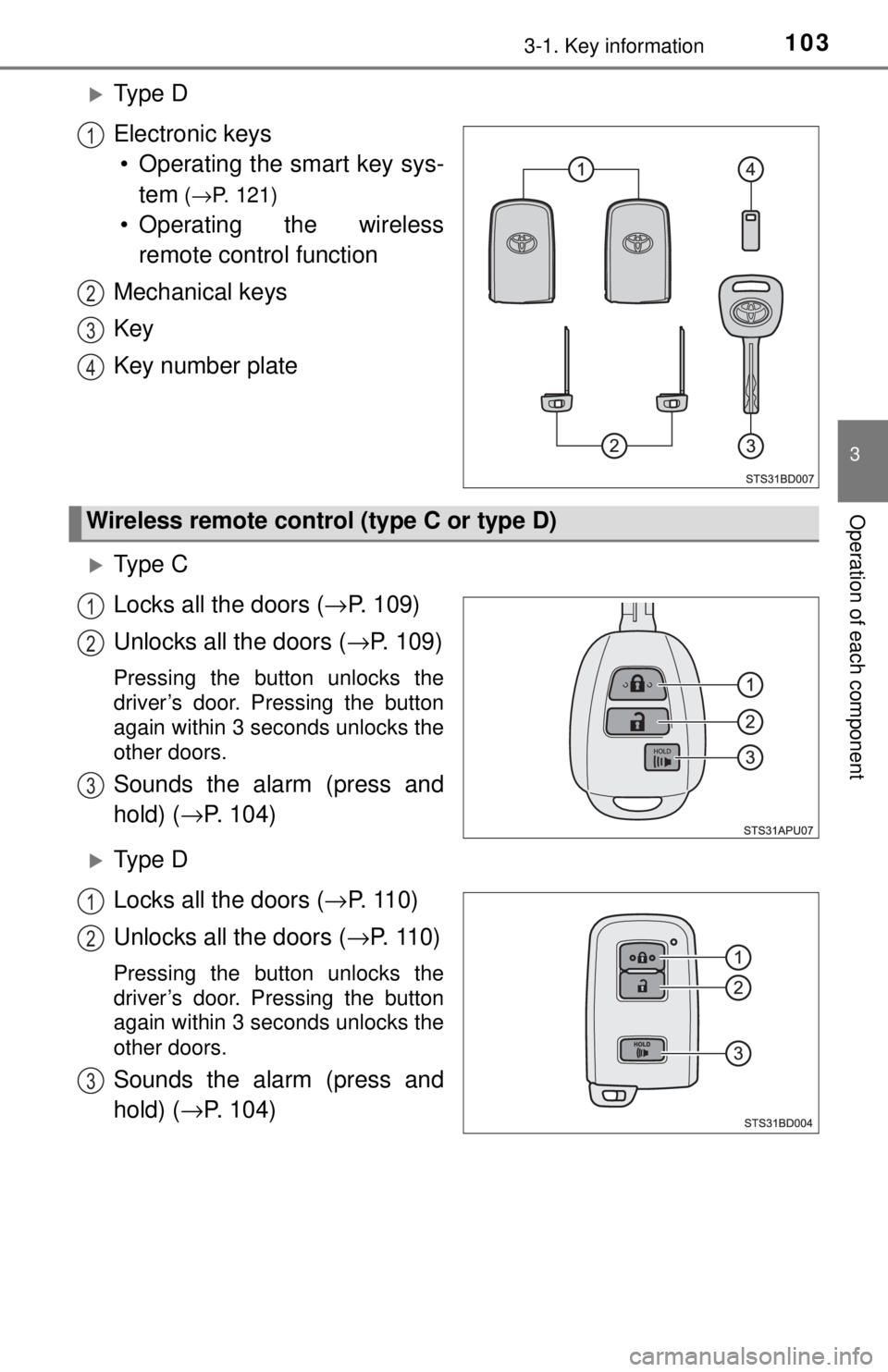 TOYOTA TACOMA 2017 Owners Manual (in English) 1033-1. Key information
3
Operation of each component
Ty p e D
Electronic keys• Operating the smart key sys- tem
(→P. 121)
• Operating the wireless
remote control function
Mechanical keys
K TOYOTA TACOMA 2017 Owners Manual (in English) 1033-1. Key information
3
Operation of each component
Ty p e D
Electronic keys• Operating the smart key sys- tem
(→P. 121)
• Operating the wireless
remote control function
Mechanical keys
K