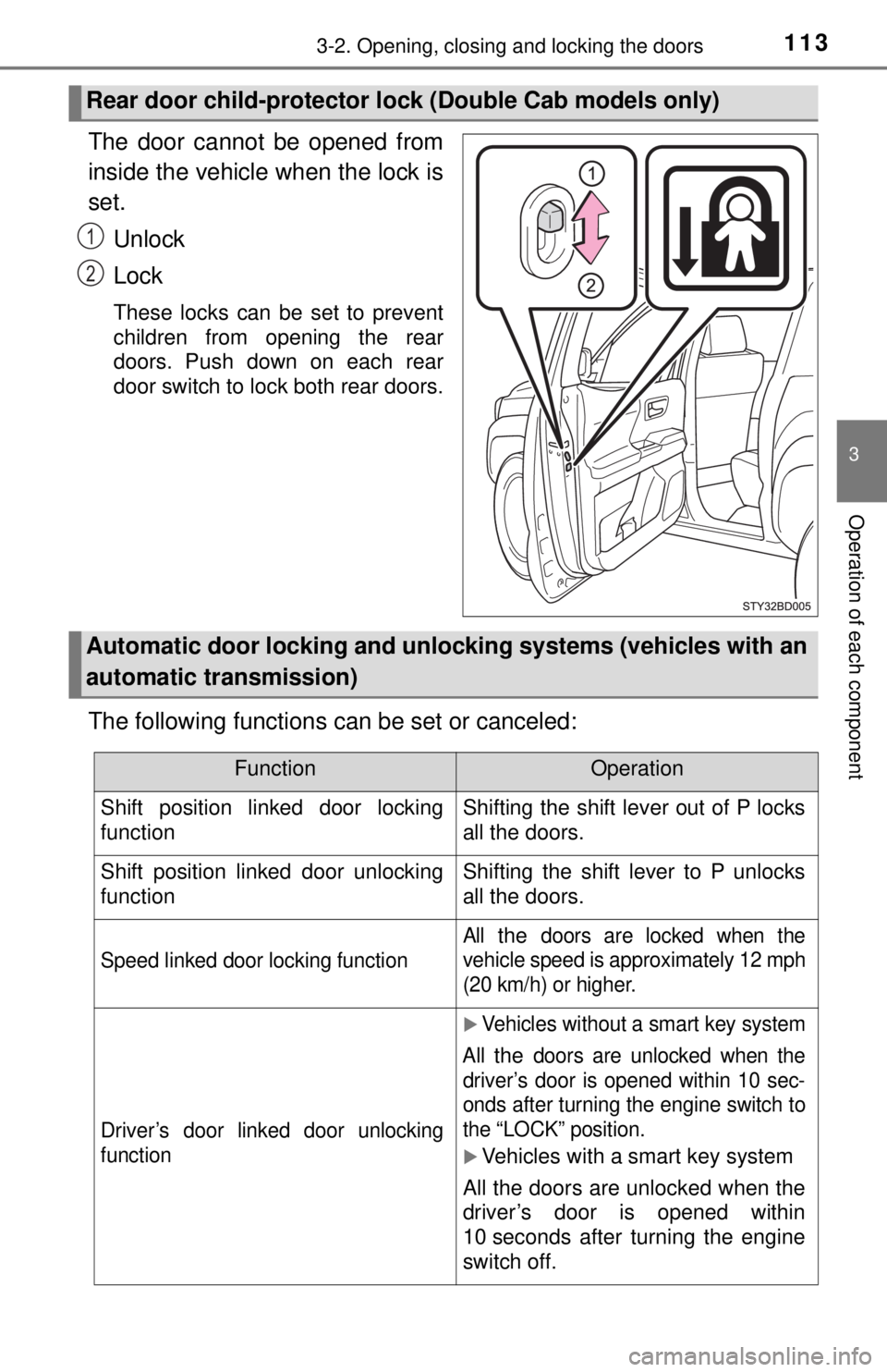 TOYOTA TACOMA 2017 Owners Manual (in English) 1133-2. Opening, closing and locking the doors
3
Operation of each component
The door cannot be opened from
inside the vehicle when the lock is
set.Unlock
Lock
These locks can be set to prevent
childr TOYOTA TACOMA 2017 Owners Manual (in English) 1133-2. Opening, closing and locking the doors
3
Operation of each component
The door cannot be opened from
inside the vehicle when the lock is
set.Unlock
Lock
These locks can be set to prevent
childr
