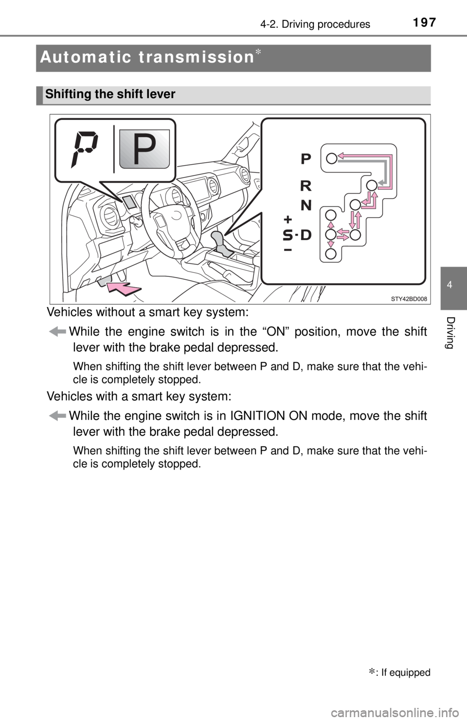 TOYOTA TACOMA 2017 Owners Manual (in English) 1974-2. Driving procedures
4
Driving
Automatic transmission∗
Vehicles without a smart key system:While the engine switch is in the “ON” position, move the shiftlever with the brake pedal depress TOYOTA TACOMA 2017 Owners Manual (in English) 1974-2. Driving procedures
4
Driving
Automatic transmission∗
Vehicles without a smart key system:While the engine switch is in the “ON” position, move the shiftlever with the brake pedal depress