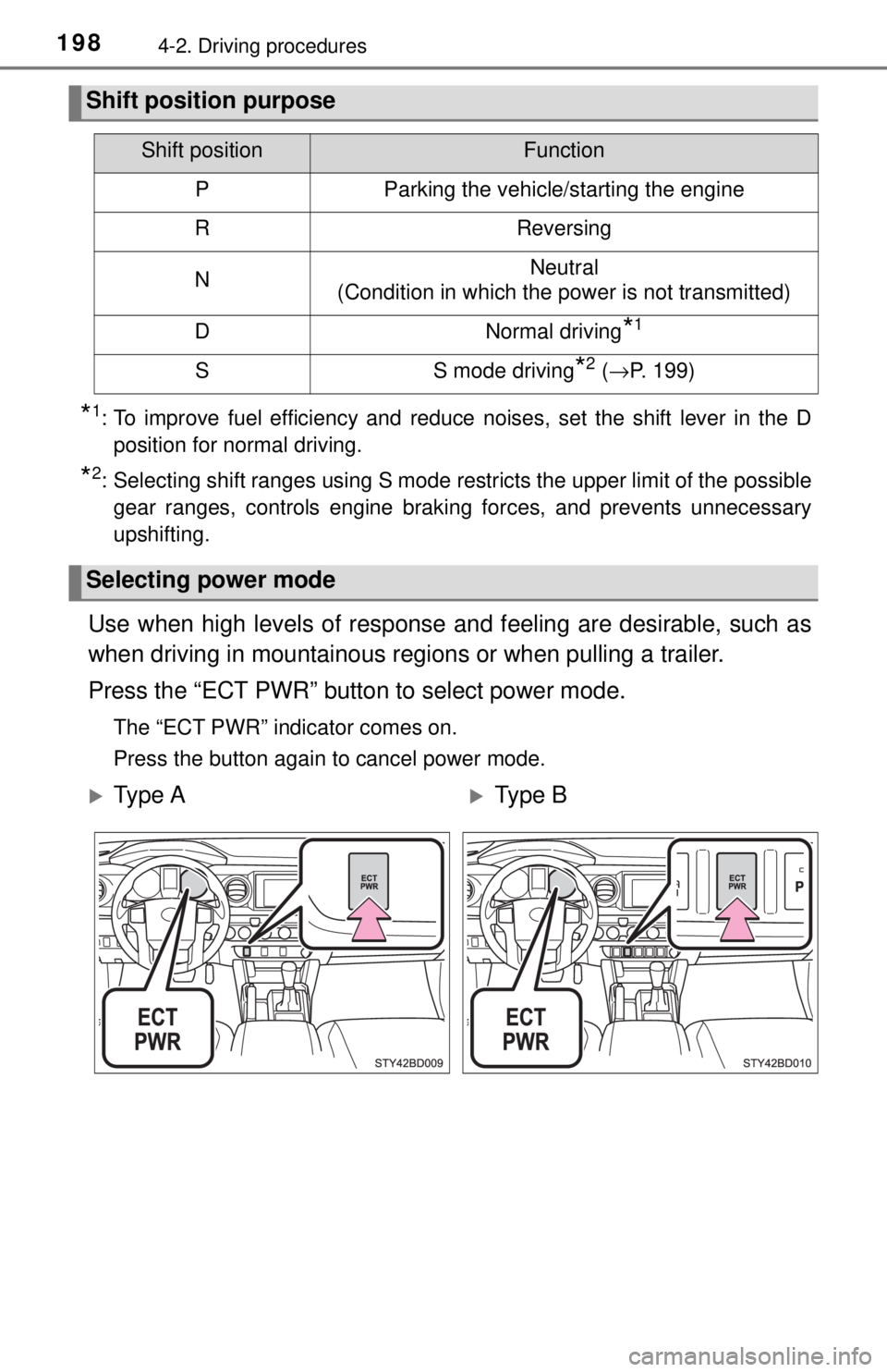 TOYOTA TACOMA 2017 Owners Manual (in English) 1984-2. Driving procedures
*1: To improve fuel efficiency and reduce noises, set the shift lever in the Dposition for normal driving.
*2: Selecting shift ranges using S mode restricts the upper limit TOYOTA TACOMA 2017 Owners Manual (in English) 1984-2. Driving procedures
*1: To improve fuel efficiency and reduce noises, set the shift lever in the Dposition for normal driving.
*2: Selecting shift ranges using S mode restricts the upper limit
