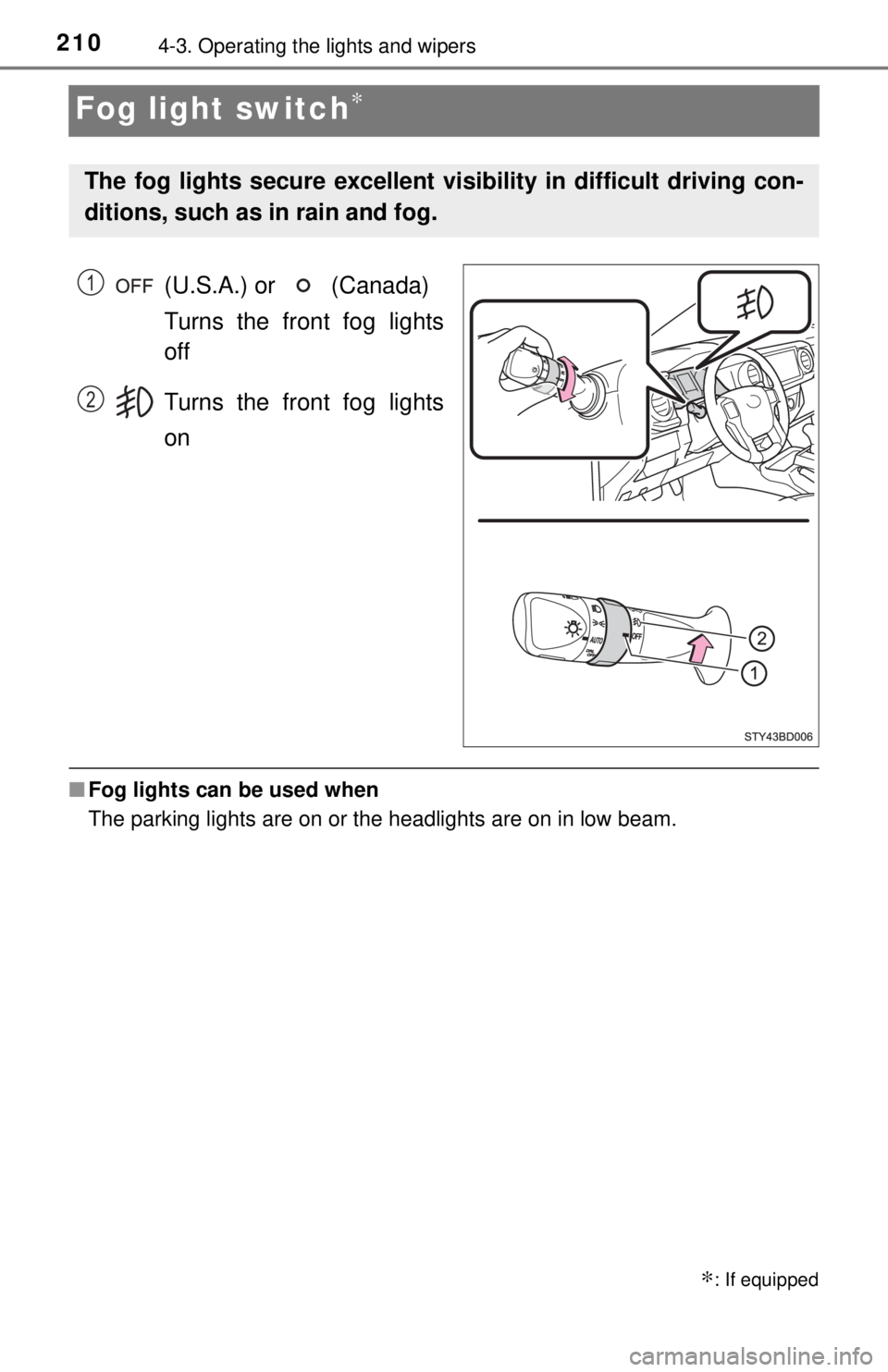 TOYOTA TACOMA 2017  Owners Manual (in English) 2104-3. Operating the lights and wipers
Fog light switch∗
(U.S.A.) or   (Canada) 
Turns the front fog lights
off
Turns the front fog lights
on
■Fog lights can be used when
The parking lights are o