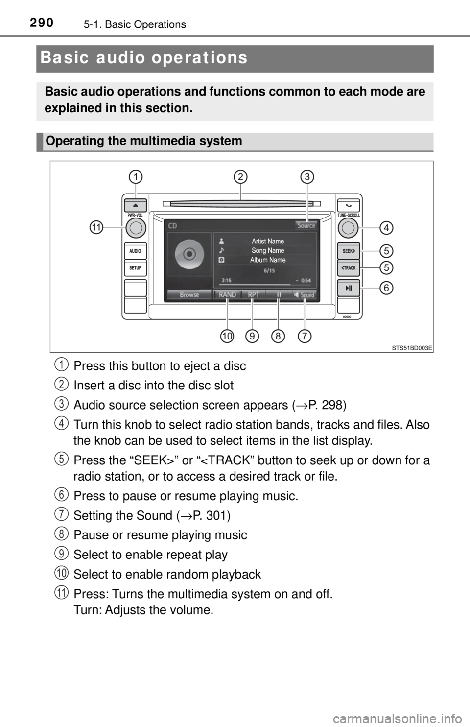TOYOTA TACOMA 2017  Owners Manual (in English) 2905-1. Basic Operations
Basic audio operations
Press this button to eject a disc
Insert a disc into the disc slot
Audio source selection screen appears (→P. 298)
Turn this knob to select radio stat