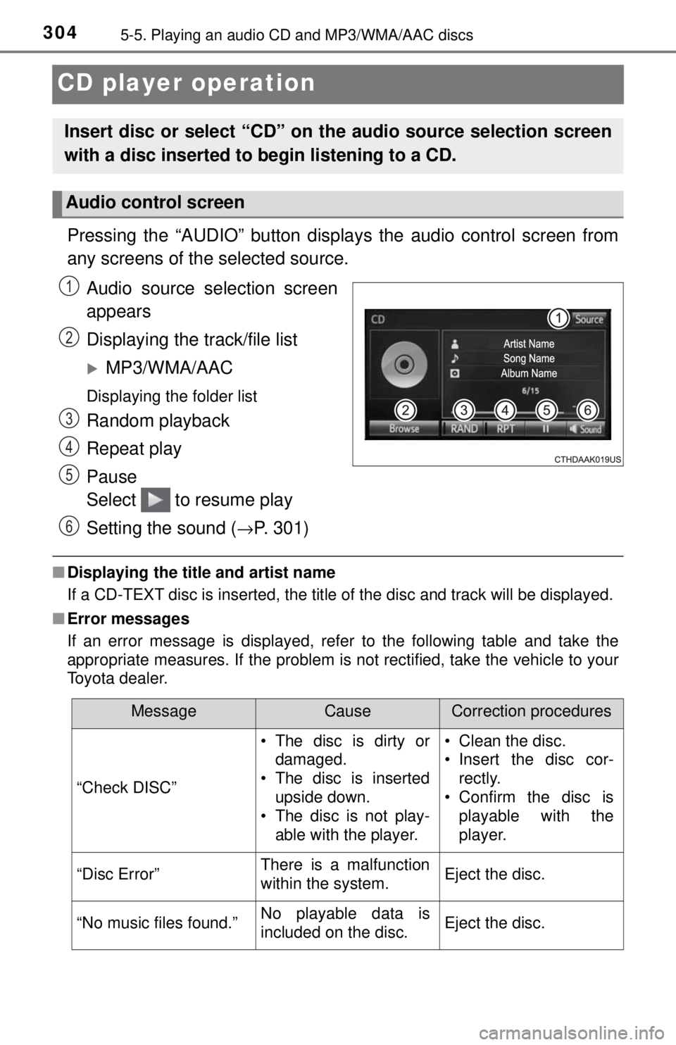 TOYOTA TACOMA 2017  Owners Manual (in English) 3045-5. Playing an audio CD and MP3/WMA/AAC discs
CD player operation
Pressing the “AUDIO” button displays the audio control screen from
any screens of the selected source.
Audio source selection 