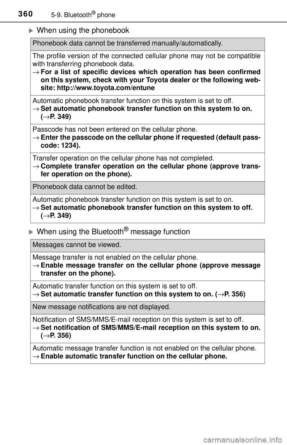 TOYOTA TACOMA 2017 Owners Manual (in English) 3605-9. Bluetooth® phone
When using the phonebook
When using the Bluetooth® message function
Phonebook data cannot be transferred manually/automatically.
The profile version of the connected c TOYOTA TACOMA 2017 Owners Manual (in English) 3605-9. Bluetooth® phone
When using the phonebook
When using the Bluetooth® message function
Phonebook data cannot be transferred manually/automatically.
The profile version of the connected c