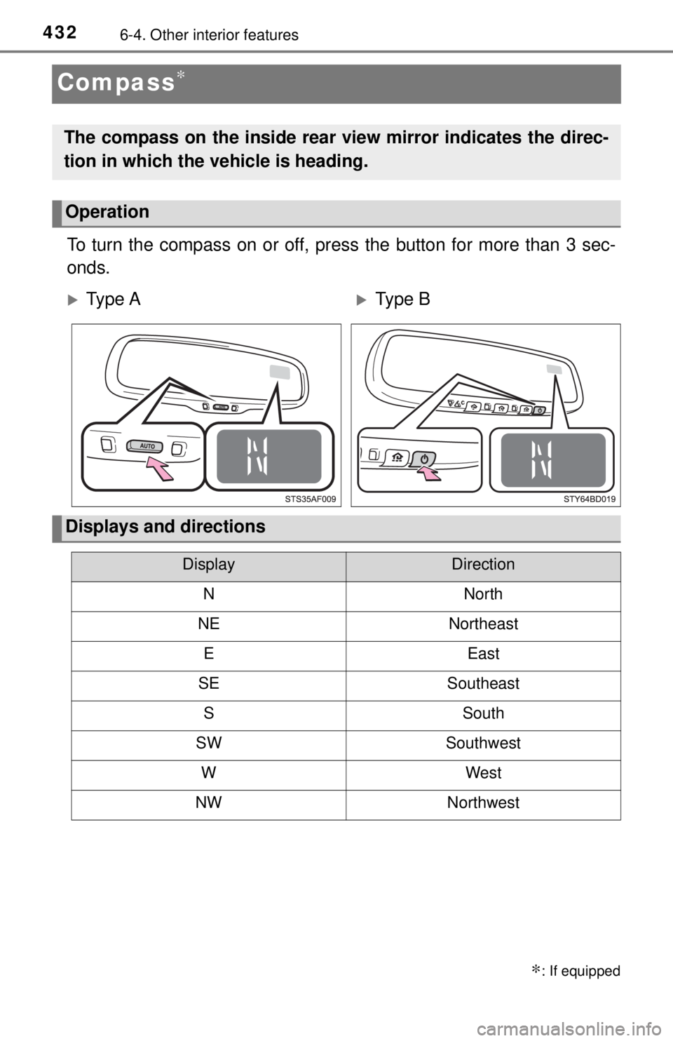 TOYOTA TACOMA 2017  Owners Manual (in English) 4326-4. Other interior features
Compass∗
To turn the compass on or off, press the button for more than 3 sec-
onds.
∗: If equipped
The compass on the inside rear view mirror indicates the direc-
t