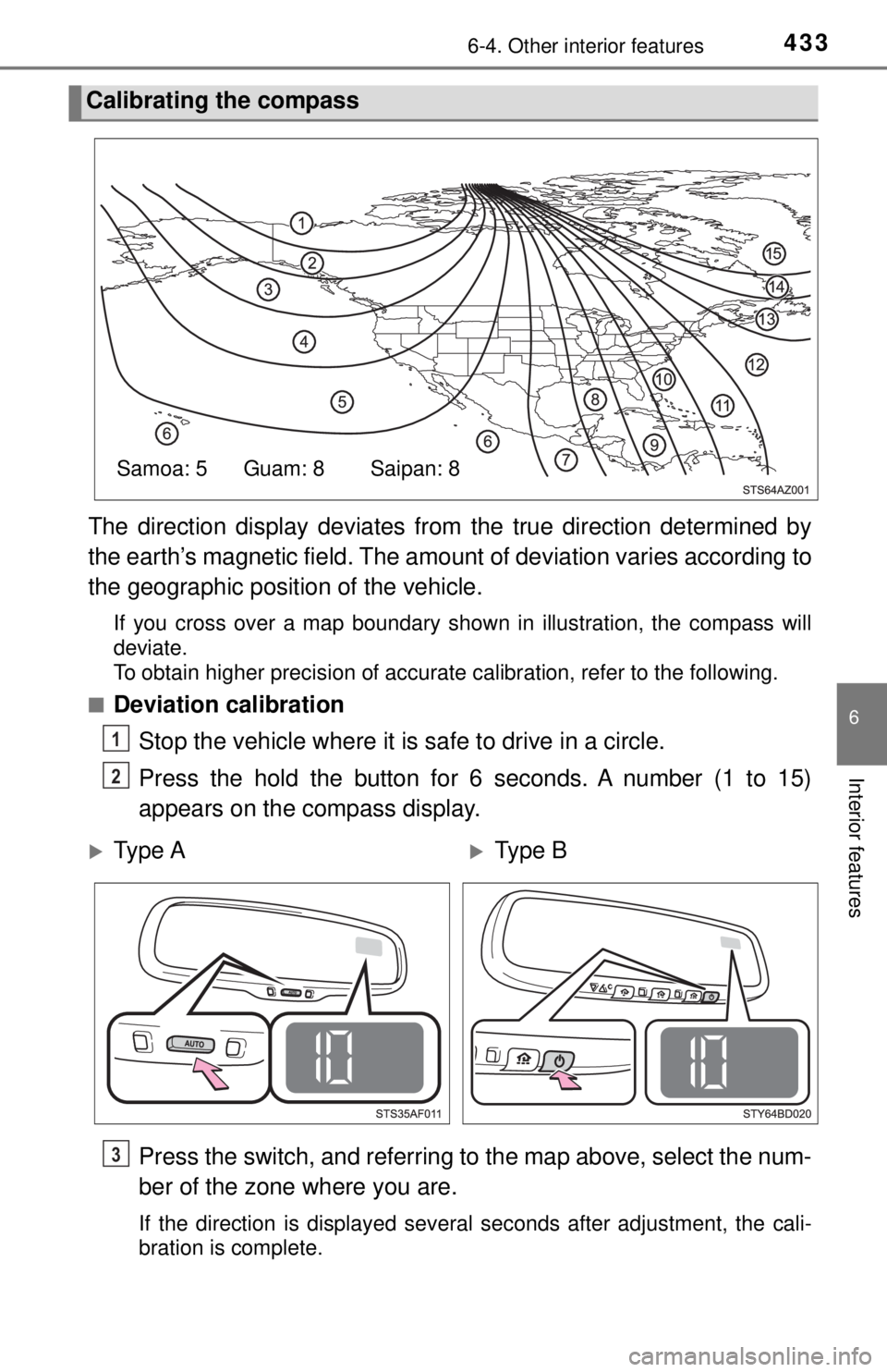 TOYOTA TACOMA 2017  Owners Manual (in English) 4336-4. Other interior features
6
Interior features
The direction display deviates from the true direction determined by
the earth’s magnetic field. The amount  of deviation varies according to
the 