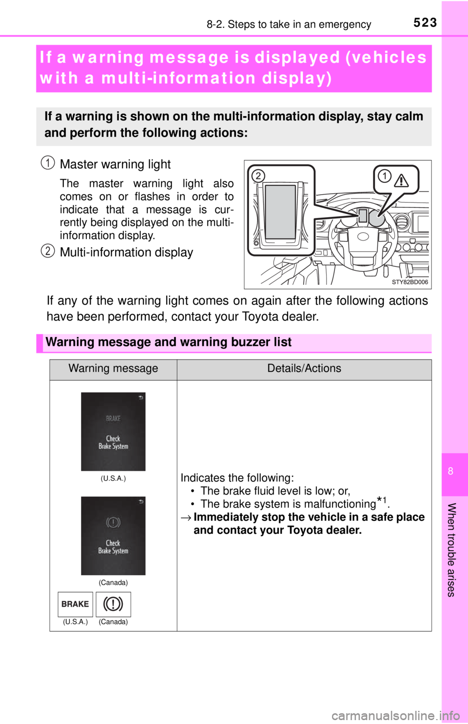 TOYOTA TACOMA 2017 Owners Manual (in English) 523
8
When trouble arises
8-2. Steps to take in an emergency
If a warning message is displayed (vehicles
with a multi-information display)
Master warning light
The master warning light also
comes on TOYOTA TACOMA 2017 Owners Manual (in English) 523
8
When trouble arises
8-2. Steps to take in an emergency
If a warning message is displayed (vehicles
with a multi-information display)
Master warning light
The master warning light also
comes on