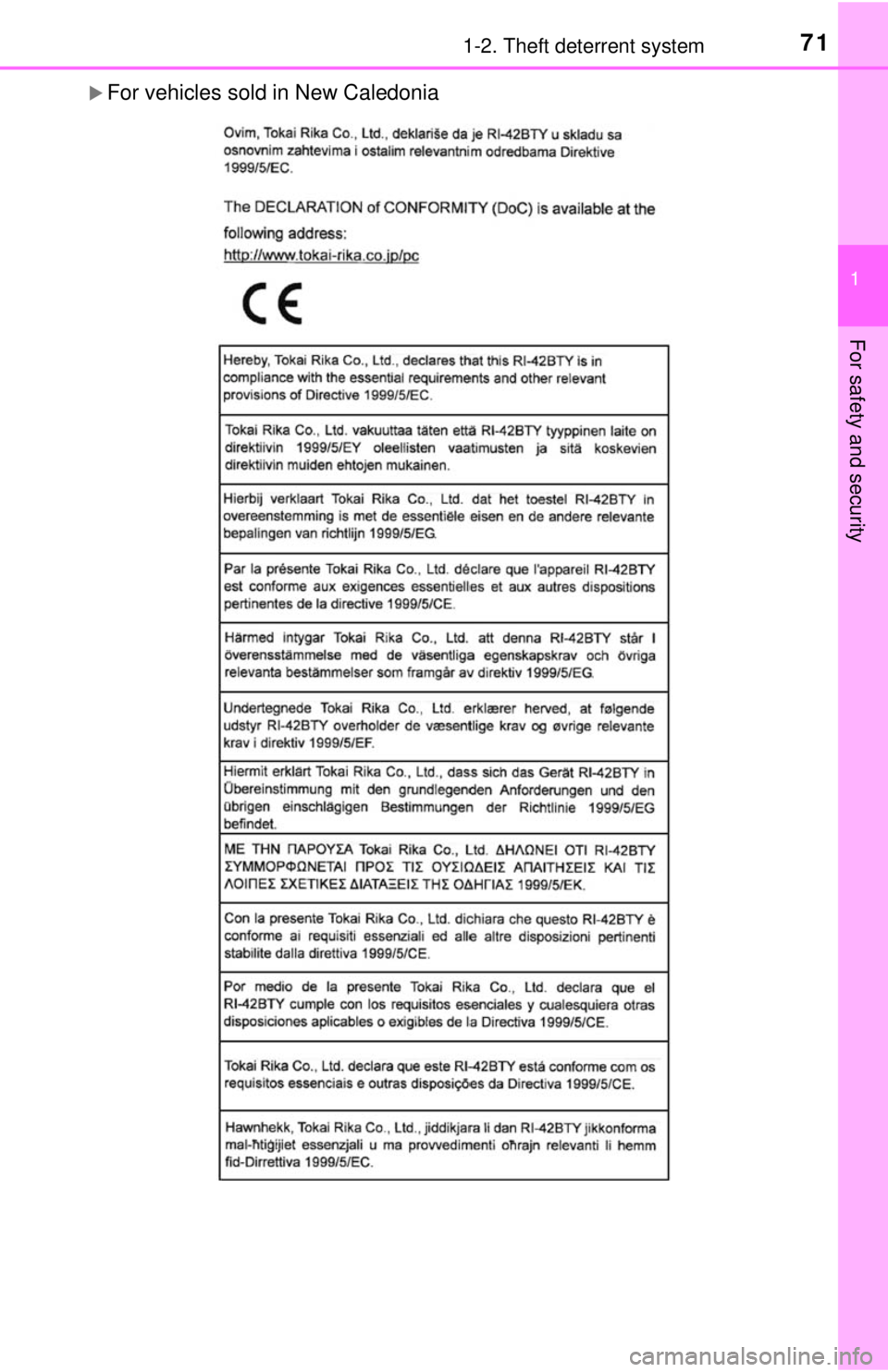 TOYOTA TACOMA 2017   (in English) Manual PDF 711-2. Theft deterrent system
1
For safety and security
For vehicles sold in New Caledonia 