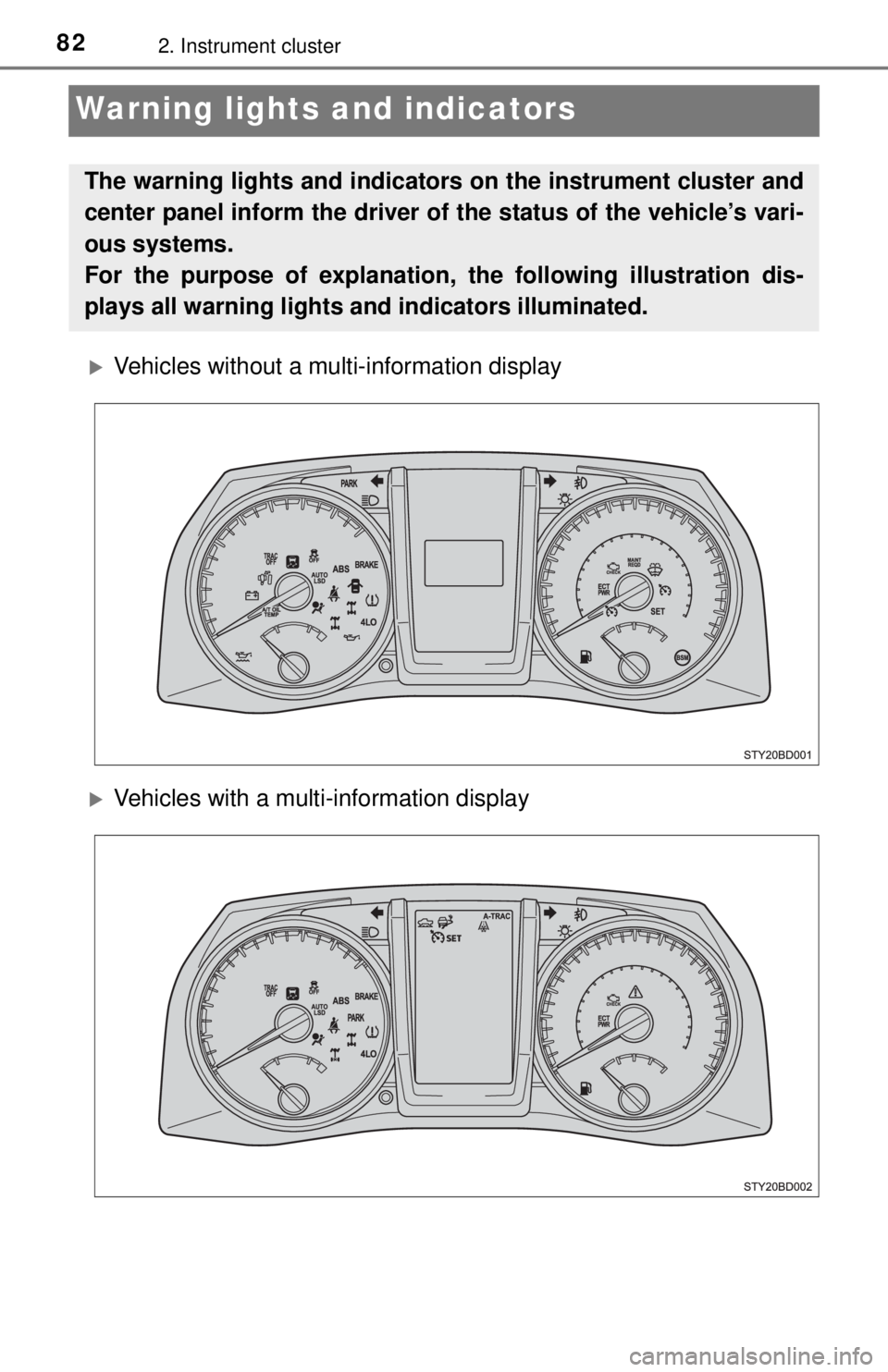 TOYOTA TACOMA 2017 (in English) Manual Online 822. Instrument cluster
Warning lights and indicators
Vehicles without a multi-information display
Vehicles with a mult i-information display
The warning lights and indicators on the instrument TOYOTA TACOMA 2017 (in English) Manual Online 822. Instrument cluster
Warning lights and indicators
Vehicles without a multi-information display
Vehicles with a mult i-information display
The warning lights and indicators on the instrument