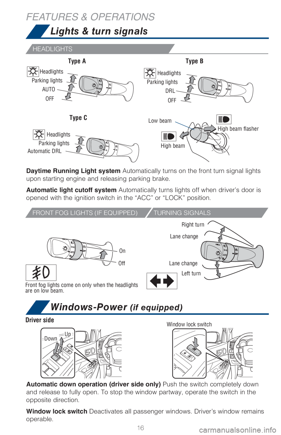TOYOTA TACOMA 2017 (in English) User Guide 16
Lights & turn signals
Windows-Power (if equipped)
HEADLIGHTS
FEATURES & OPERATIONS
Daytime Running Light system Automatically turns on the front turn signal lights
upon starting engine and releas TOYOTA TACOMA 2017 (in English) User Guide 16
Lights & turn signals
Windows-Power (if equipped)
HEADLIGHTS
FEATURES & OPERATIONS
Daytime Running Light system Automatically turns on the front turn signal lights
upon starting engine and releas