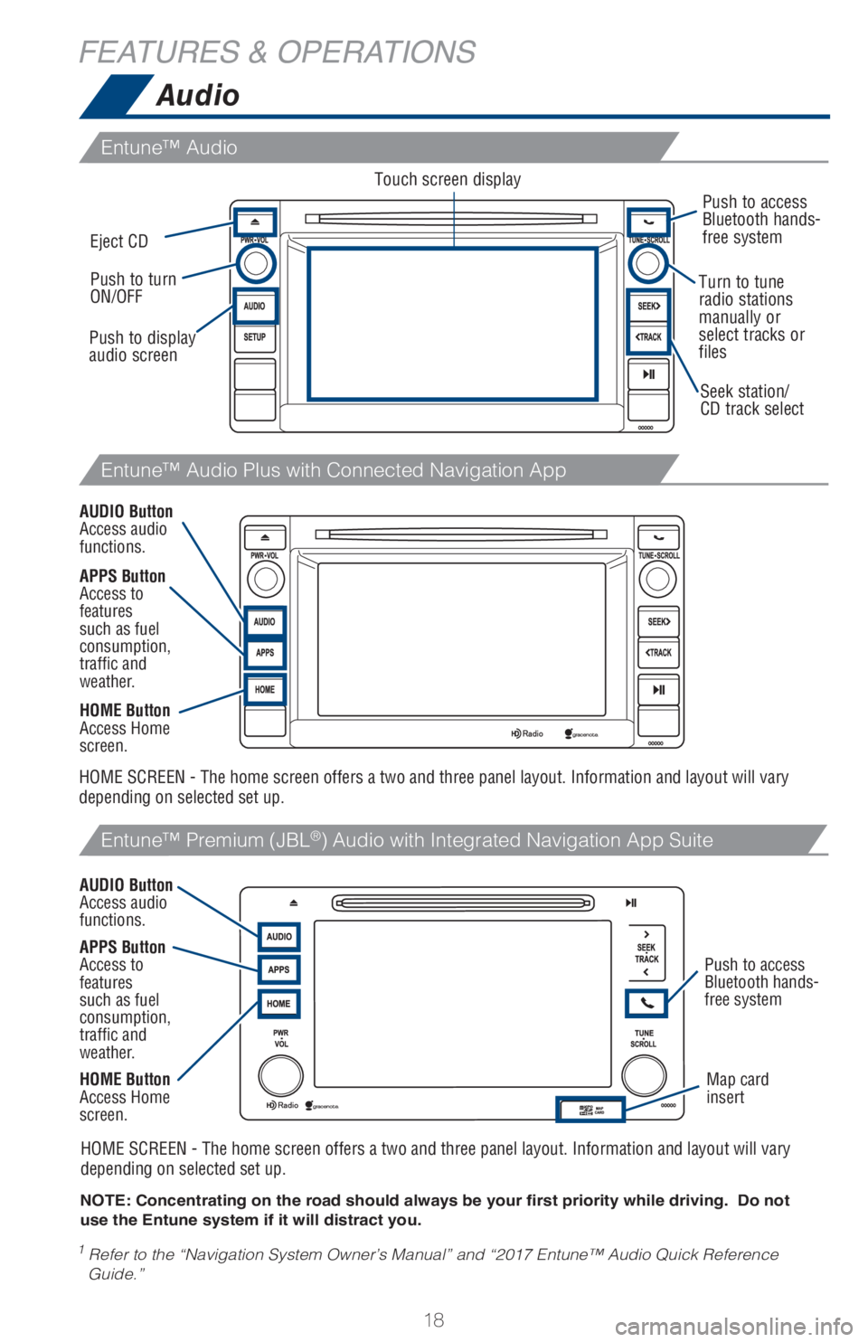 TOYOTA TACOMA 2017 (in English) User Guide 18
FEATURES & OPERATIONS
1 Refer to the “Navigation System Owner’s Manual” and “2017 Entune™ Audio Quick Reference
Guide.” NOTE: Concentrating on the road should always be your first prio TOYOTA TACOMA 2017 (in English) User Guide 18
FEATURES & OPERATIONS
1 Refer to the “Navigation System Owner’s Manual” and “2017 Entune™ Audio Quick Reference
Guide.” NOTE: Concentrating on the road should always be your first prio