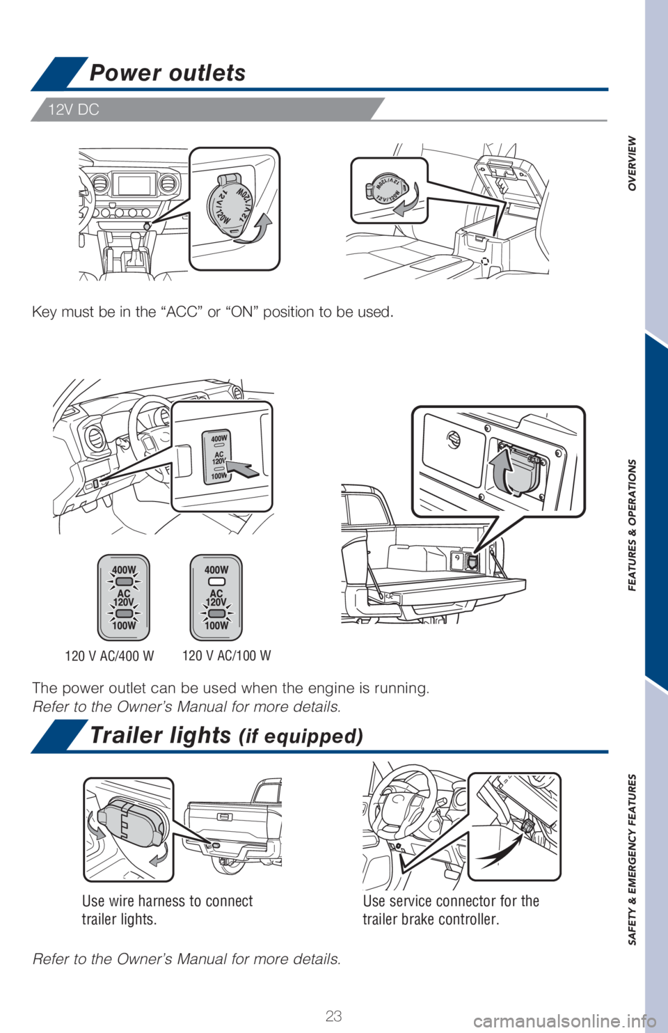TOYOTA TACOMA 2017   (in English) Owners Manual 23
OVERVIEW FEATURES & OPERATIONS SAFETY & EMERGENCY FEATURES
Power outlets
Trailer lights (if equipped)
Key must be in the “ACC” or “ON” position to be used.
Refer to the Owner’s Manual for