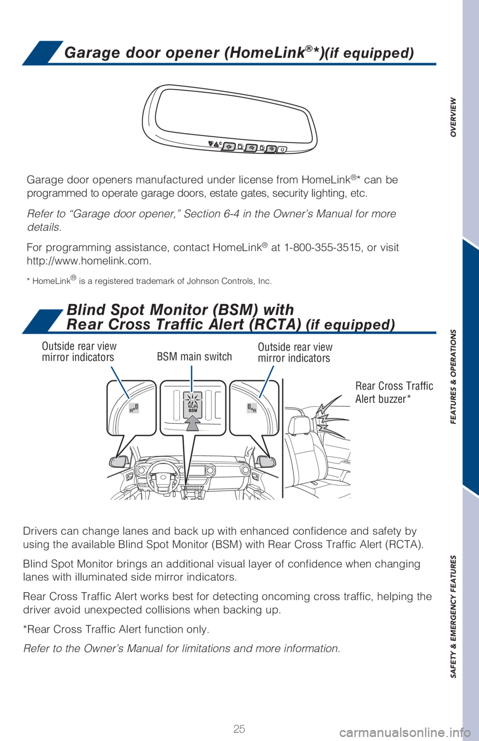 TOYOTA TACOMA 2017   (in English) Owners Manual 25
OVERVIEW FEATURES & OPERATIONS SAFETY & EMERGENCY FEATURES
Garage door opener (HomeLink®*)(if equipped)
Garage door openers manufactured under license from HomeLink®* can be 
programmed to operat