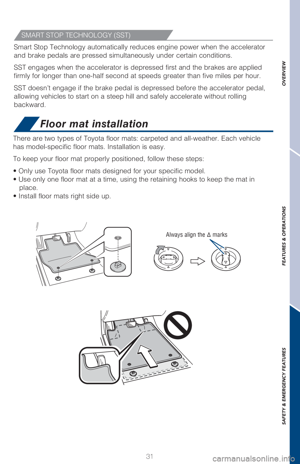 TOYOTA TACOMA 2017 (in English) Owners Guide 31
OVERVIEW FEATURES & OPERATIONS SAFETY & EMERGENCY FEATURES
Floor mat installation
SMART STOP TECHNOLOGY (SST)
There are two types of Toyota floor mats: carpeted and all-weather. Each vehicle
has m TOYOTA TACOMA 2017 (in English) Owners Guide 31
OVERVIEW FEATURES & OPERATIONS SAFETY & EMERGENCY FEATURES
Floor mat installation
SMART STOP TECHNOLOGY (SST)
There are two types of Toyota floor mats: carpeted and all-weather. Each vehicle
has m