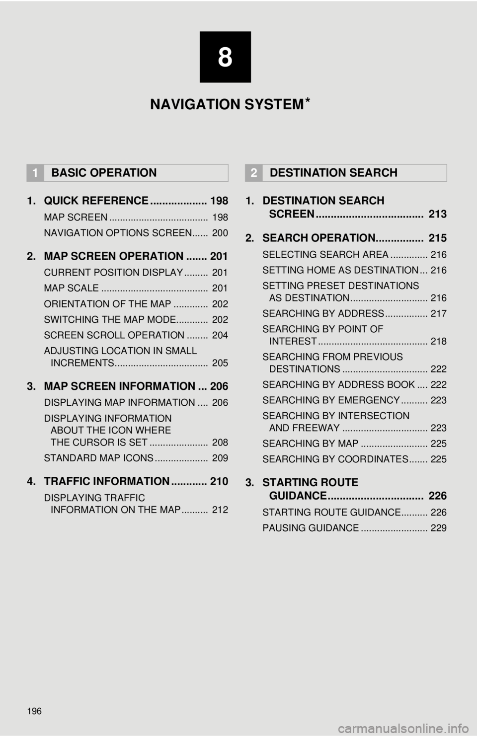 TOYOTA TACOMA 2017 Accessories, Audio & Navigation (in English) 196
1. QUICK REFERENCE ................... 198
MAP SCREEN ..................................... 198
NAVIGATION OPTIONS SCREEN...... 200
2. MAP SCREEN OPERATION ....... 201
CURRENT POSITION DISPLAY . TOYOTA TACOMA 2017 Accessories, Audio & Navigation (in English) 196
1. QUICK REFERENCE ................... 198
MAP SCREEN ..................................... 198
NAVIGATION OPTIONS SCREEN...... 200
2. MAP SCREEN OPERATION ....... 201
CURRENT POSITION DISPLAY .