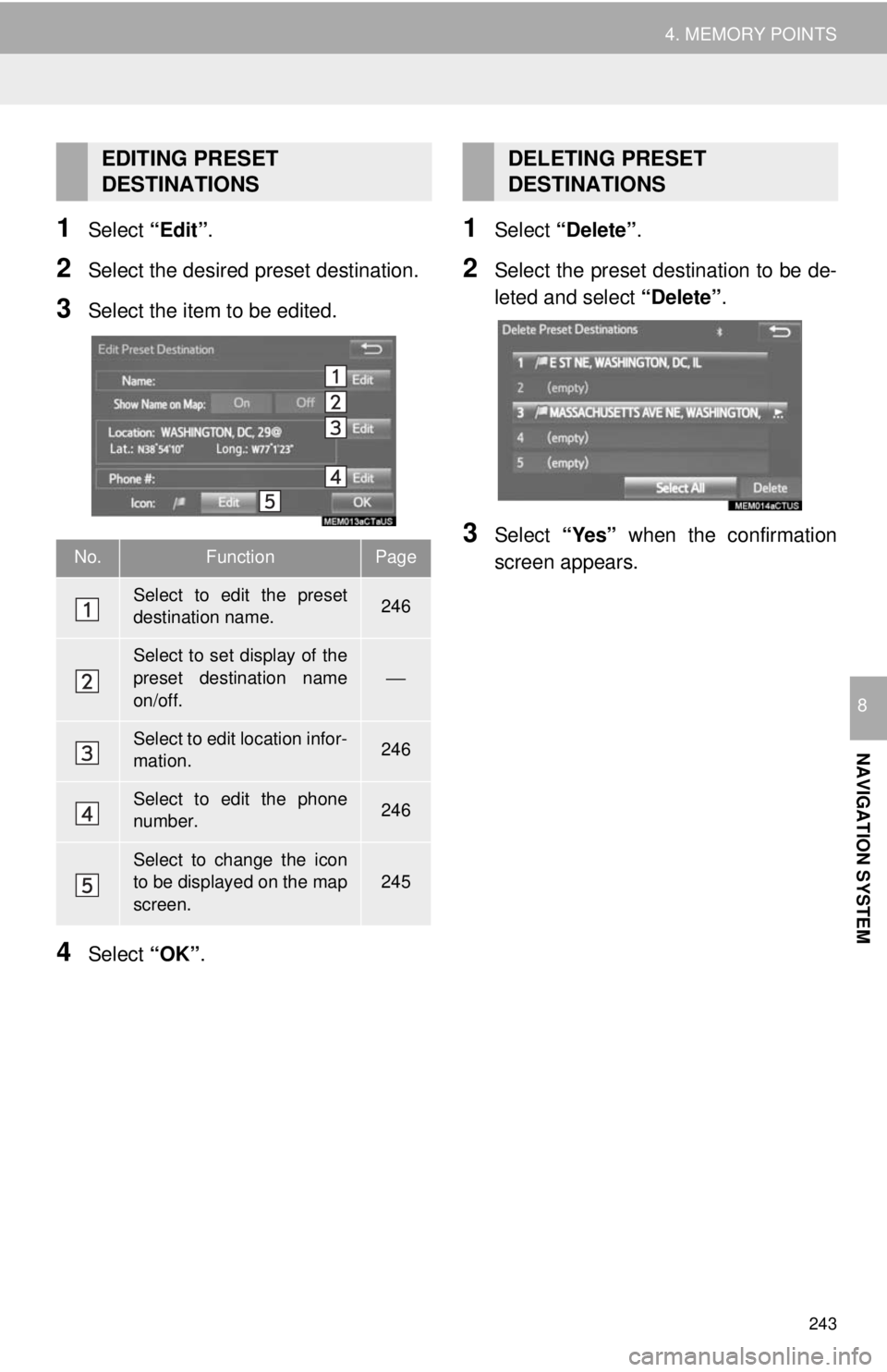 TOYOTA TACOMA 2017 Accessories, Audio & Navigation (in English) 243
4. MEMORY POINTS
NAVIGATION SYSTEM
8
1Select “Edit”.
2Select the desired preset destination.
3Select the item to be edited.
4Select “OK”.
1Select “Delete” .
2Select the preset destin TOYOTA TACOMA 2017 Accessories, Audio & Navigation (in English) 243
4. MEMORY POINTS
NAVIGATION SYSTEM
8
1Select “Edit”.
2Select the desired preset destination.
3Select the item to be edited.
4Select “OK”.
1Select “Delete” .
2Select the preset destin