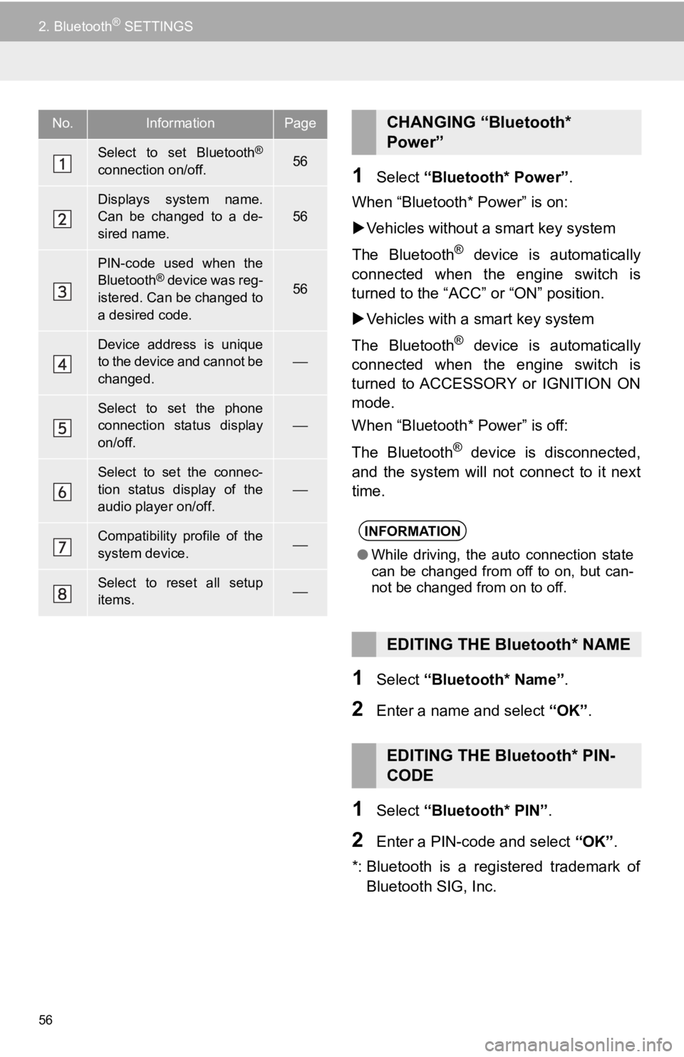 TOYOTA TACOMA 2017 Accessories, Audio & Navigation (in English) 56
2. Bluetooth® SETTINGS
1Select“Bluetooth* Power” .
When “Bluetooth* Power” is on:
Vehicles without a smart key system
The Bluetooth
® device is automatically
connected when the engine TOYOTA TACOMA 2017 Accessories, Audio & Navigation (in English) 56
2. Bluetooth® SETTINGS
1Select“Bluetooth* Power” .
When “Bluetooth* Power” is on:
Vehicles without a smart key system
The Bluetooth
® device is automatically
connected when the engine