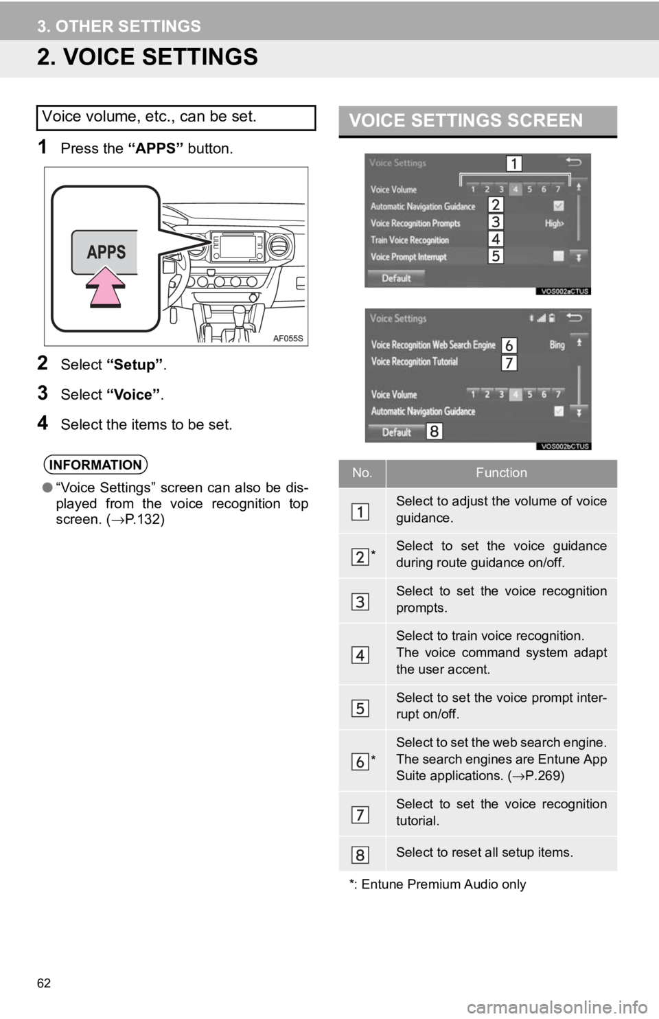 TOYOTA TACOMA 2017 Accessories, Audio & Navigation (in English) 62
3. OTHER SETTINGS
2. VOICE SETTINGS
1Press the “APPS” button.
2Select“Setup” .
3Select“Voice” .
4Select the items to be set.
Voice volume, etc., can be set.
INFORMATION
●“Voice Sett TOYOTA TACOMA 2017 Accessories, Audio & Navigation (in English) 62
3. OTHER SETTINGS
2. VOICE SETTINGS
1Press the “APPS” button.
2Select“Setup” .
3Select“Voice” .
4Select the items to be set.
Voice volume, etc., can be set.
INFORMATION
●“Voice Sett