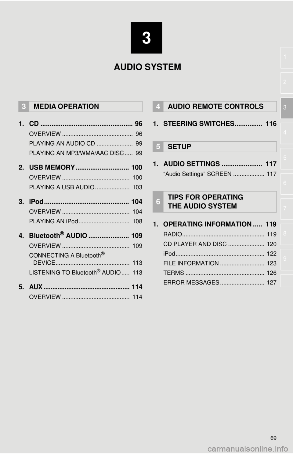 TOYOTA TACOMA 2017 Accessories, Audio & Navigation (in English) 3
69
1
2
3
4
5
6
7
8
9
1. CD .................................................. 96
OVERVIEW ........................................... 96
PLAYING AN AUDIO CD ...................... 99
PLAYING AN MP TOYOTA TACOMA 2017 Accessories, Audio & Navigation (in English) 3
69
1
2
3
4
5
6
7
8
9
1. CD .................................................. 96
OVERVIEW ........................................... 96
PLAYING AN AUDIO CD ...................... 99
PLAYING AN MP
