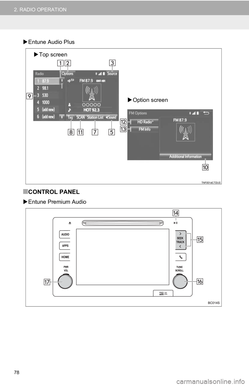 TOYOTA TACOMA 2017  Accessories, Audio & Navigation (in English) 78
2. RADIO OPERATION
Entune Audio Plus
■CONTROL PANEL
Entune Premium Audio
Top screen
Option screen 