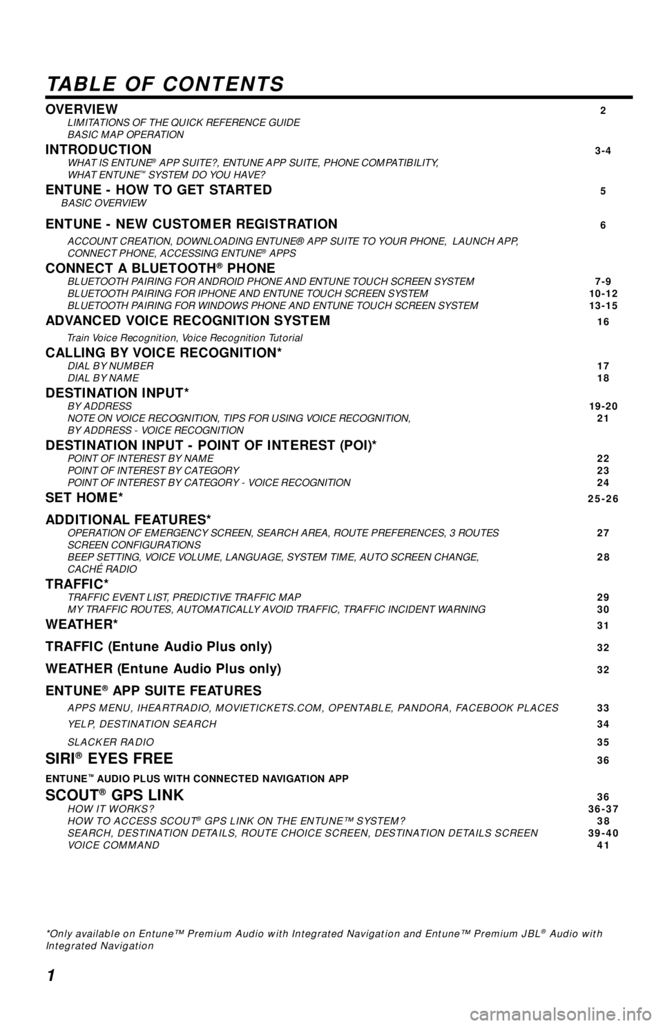 TOYOTA TACOMA 2017 Accessories, Audio & Navigation (in English) 1
TABLE OF CONTENTS
OVERVIEW 2
LIMITATIONS OF THE QUICK REFERENCE GUIDE
BASIC MAP OPERATION
INTRODUCTION 3-4
WHAT IS ENTUNE® APP SUITE?, ENTUNE APP SUITE, PHONE COMPATIBILITY,
WHAT ENTUNE™ TOYOTA TACOMA 2017 Accessories, Audio & Navigation (in English) 1
TABLE OF CONTENTS
OVERVIEW 2
LIMITATIONS OF THE QUICK REFERENCE GUIDE
BASIC MAP OPERATION
INTRODUCTION 3-4
WHAT IS ENTUNE® APP SUITE?, ENTUNE APP SUITE, PHONE COMPATIBILITY,
WHAT ENTUNE™