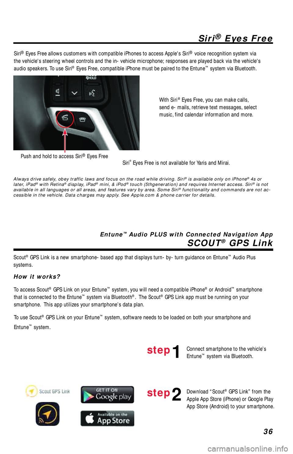 TOYOTA TACOMA 2017 Accessories, Audio & Navigation (in English) 36
Siri® Eyes Free
SCOUT
® GPS Link
Entune™ Audio PLUS with Connected Navigation App Siri
® Eyes Free allows customers with compatible iPhones to access Apples Siri® voice recognition system vi TOYOTA TACOMA 2017 Accessories, Audio & Navigation (in English) 36
Siri® Eyes Free
SCOUT
® GPS Link
Entune™ Audio PLUS with Connected Navigation App Siri
® Eyes Free allows customers with compatible iPhones to access Apples Siri® voice recognition system vi