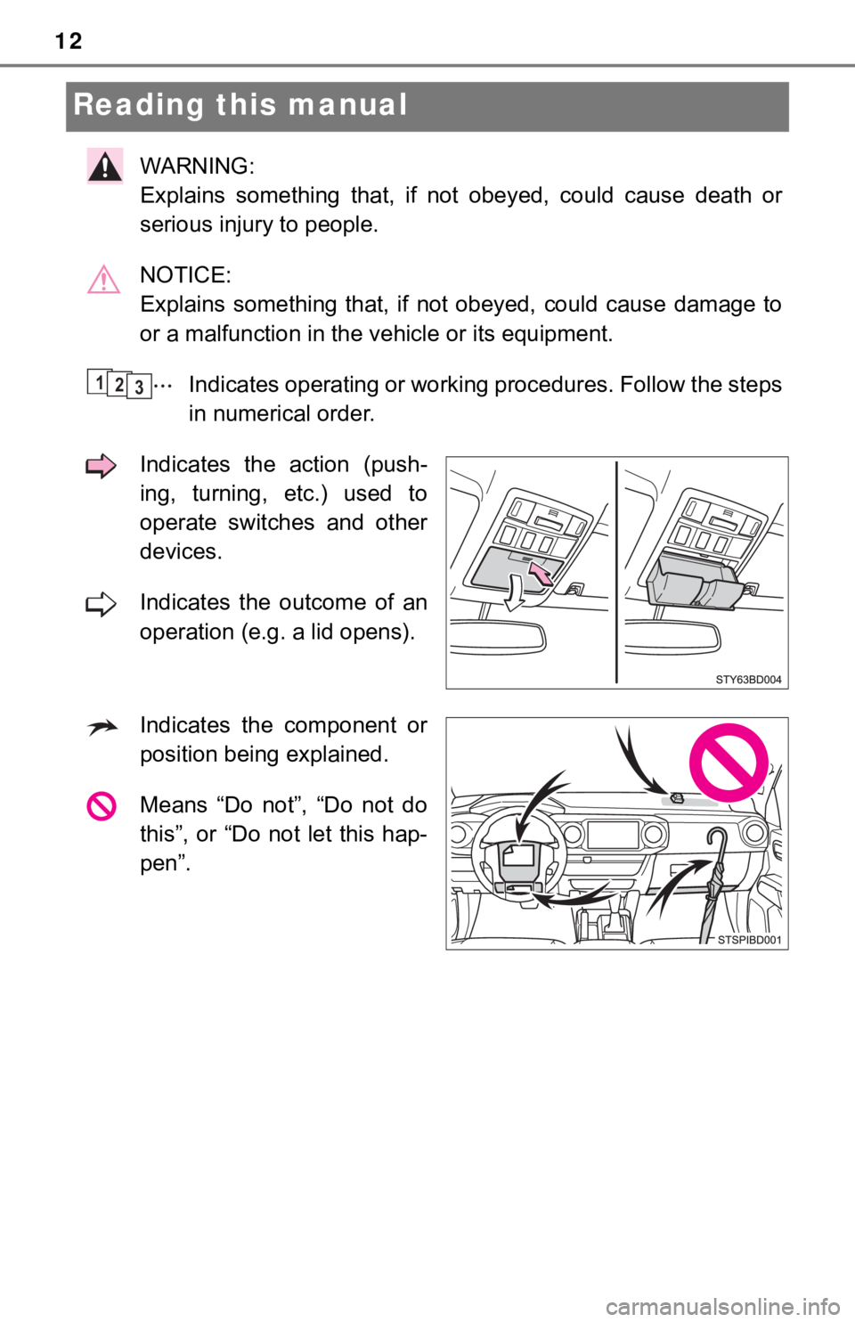 TOYOTA TACOMA 2018  Owners Manual (in English) 12
Reading this manual
WARNING: 
Explains  something  that,  if  not obeyed, could cause death or
serious injury to people.
NOTICE: 
Explains  something  that,  if  not  obeyed,  could  cause  damage 