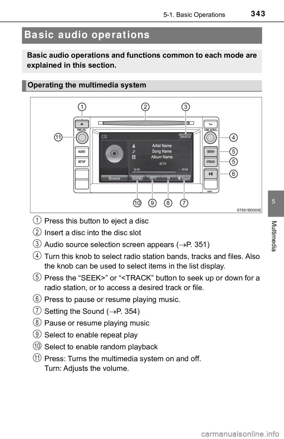TOYOTA TACOMA 2018  Owners Manual (in English) 3435-1. Basic Operations
5
Multimedia
Basic audio operations
Press this button to eject a disc
Insert a disc into the disc slot
Audio source selection screen appears ( P.   3 5 1 )
Turn this knob t