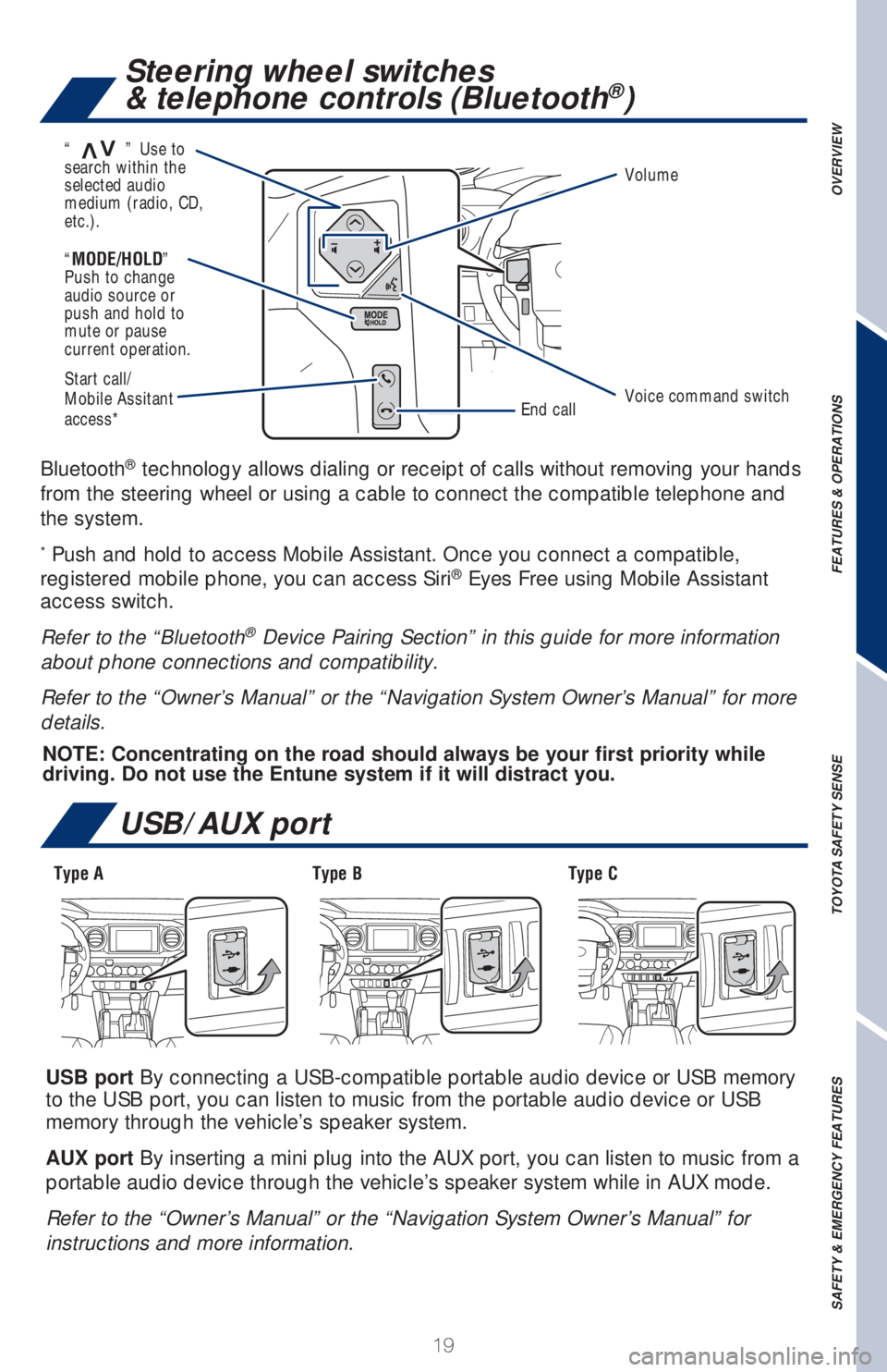TOYOTA TACOMA 2018   (in English) Owners Manual 19
USB port By connecting a USB-compatible portable audio device or USB memory 
to the USB port, you can listen to music from the portable audio device or USB 
memory through the vehicle’s speaker s