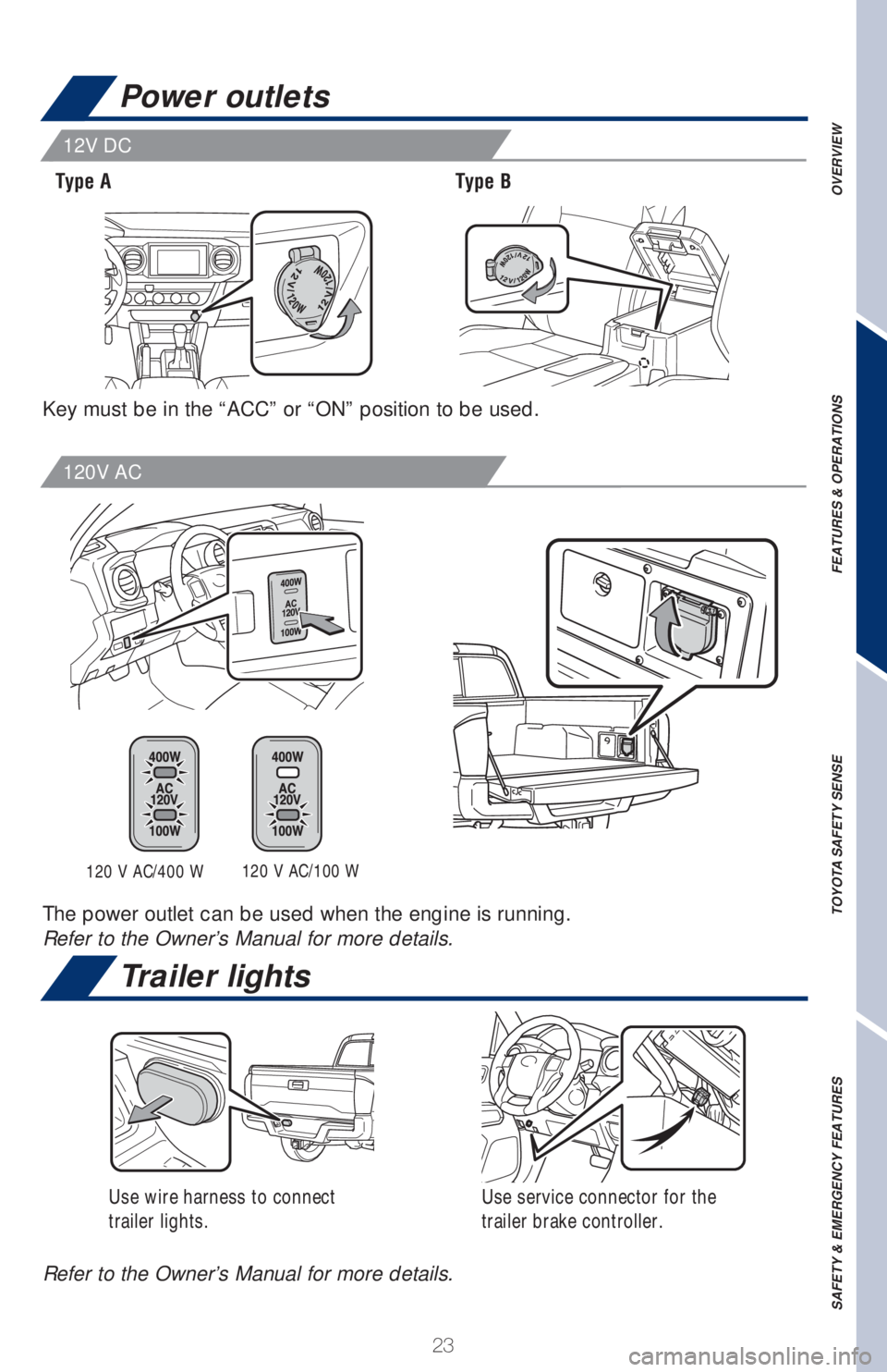 TOYOTA TACOMA 2018   (in English) Owners Manual 23
Power outlets
Trailer lights
Key must be in the “ACC” or “ON” position to be used.
Refer to the Owner’s Manual for more details.Use wire harness to connect
trailer lights.Use service conn