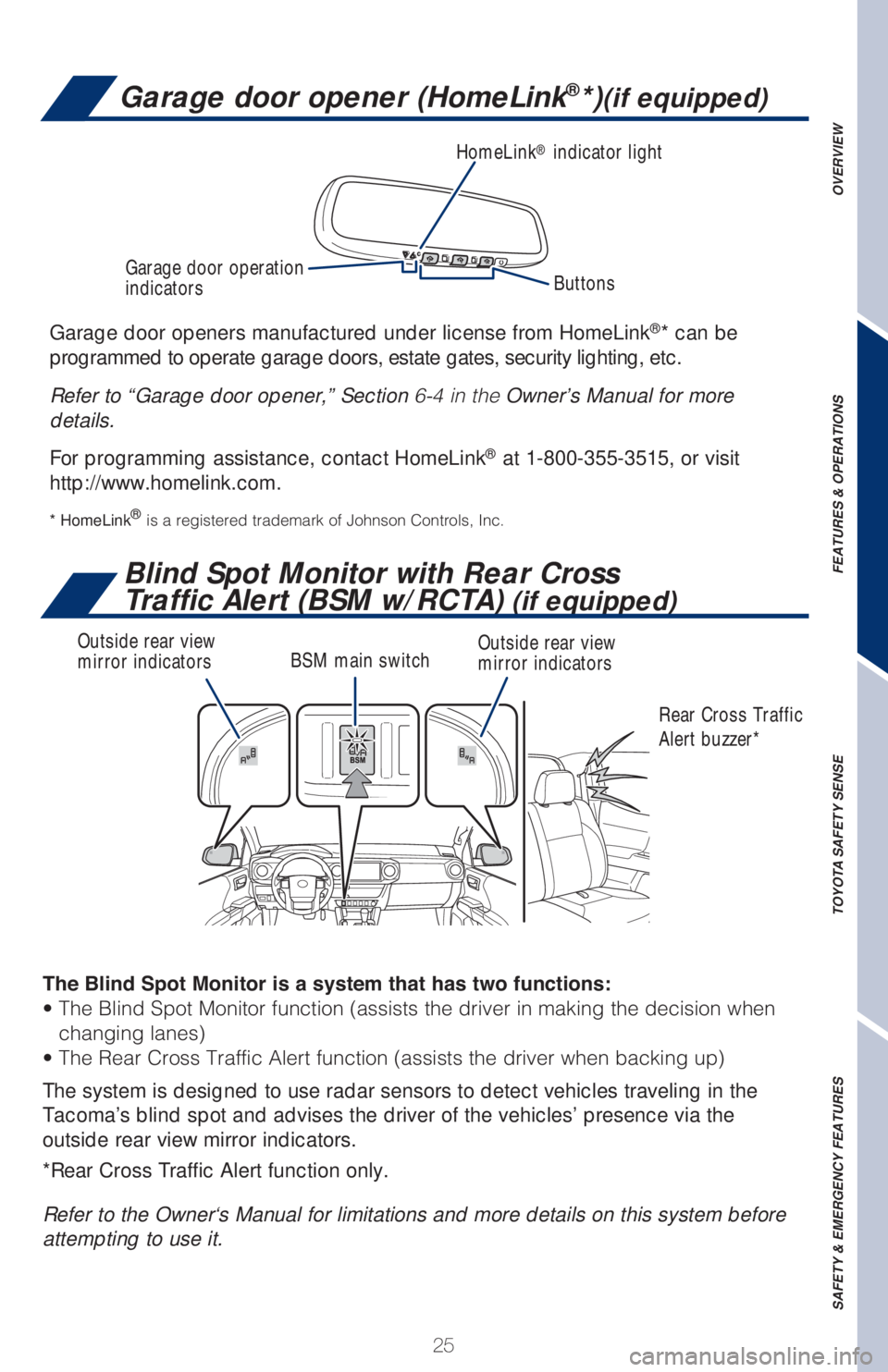 TOYOTA TACOMA 2018   (in English) Owners Manual 25
Garage door opener (HomeLink®*)(if equipped)
Garage door openers manufactured under license from HomeLink®* can be 
programmed to operate garage doors, estate gates, security lighting, etc.
Refer