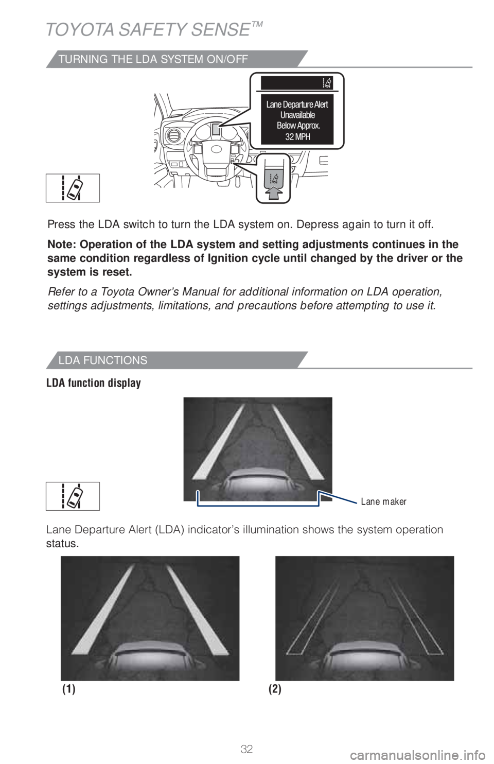 TOYOTA TACOMA 2018   (in English) Owners Guide 32
TOYOTA SAFETY SENSE™
TURNING THE LDA SYSTEM ON/OFF
Lane Departure Alert
Below Approx.
32 MPH Unavailable
Press the LDA switch to turn the LDA system on. Depress again to turn it off.
Note: Operat