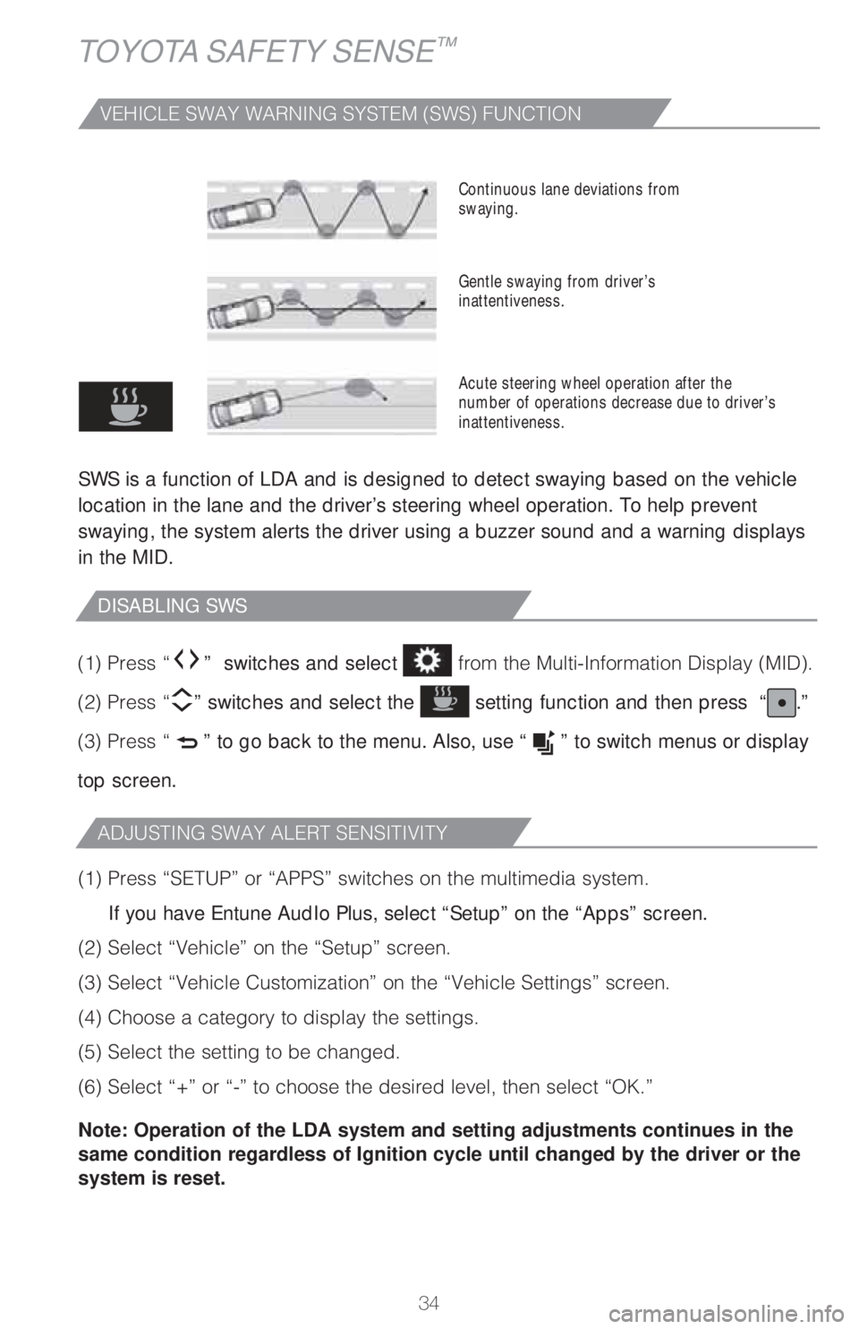 TOYOTA TACOMA 2018   (in English) Owners Guide 34
TOYOTA SAFETY SENSE™
�7�&�)�*�$�-�&��4�8�"�:��8�"�3�/�*�/�(��4�:�4�5�&�.��	�4�8�4�
���6�/�$�5�*�0�/
SWS is a function of LDA and is designed to detect swaying based on the vehicle 
location