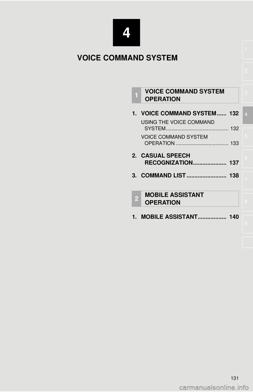 TOYOTA TACOMA 2018 Accessories, Audio & Navigation (in English) 4
131
1
2
3
4
5
6
7
8
9
1. VOICE COMMAND SYSTEM ...... 132
USING THE VOICE COMMAND SYSTEM ............................................ 132
VOICE COMMAND SYSTEM OPERATION .......................... TOYOTA TACOMA 2018 Accessories, Audio & Navigation (in English) 4
131
1
2
3
4
5
6
7
8
9
1. VOICE COMMAND SYSTEM ...... 132
USING THE VOICE COMMAND SYSTEM ............................................ 132
VOICE COMMAND SYSTEM OPERATION ..........................