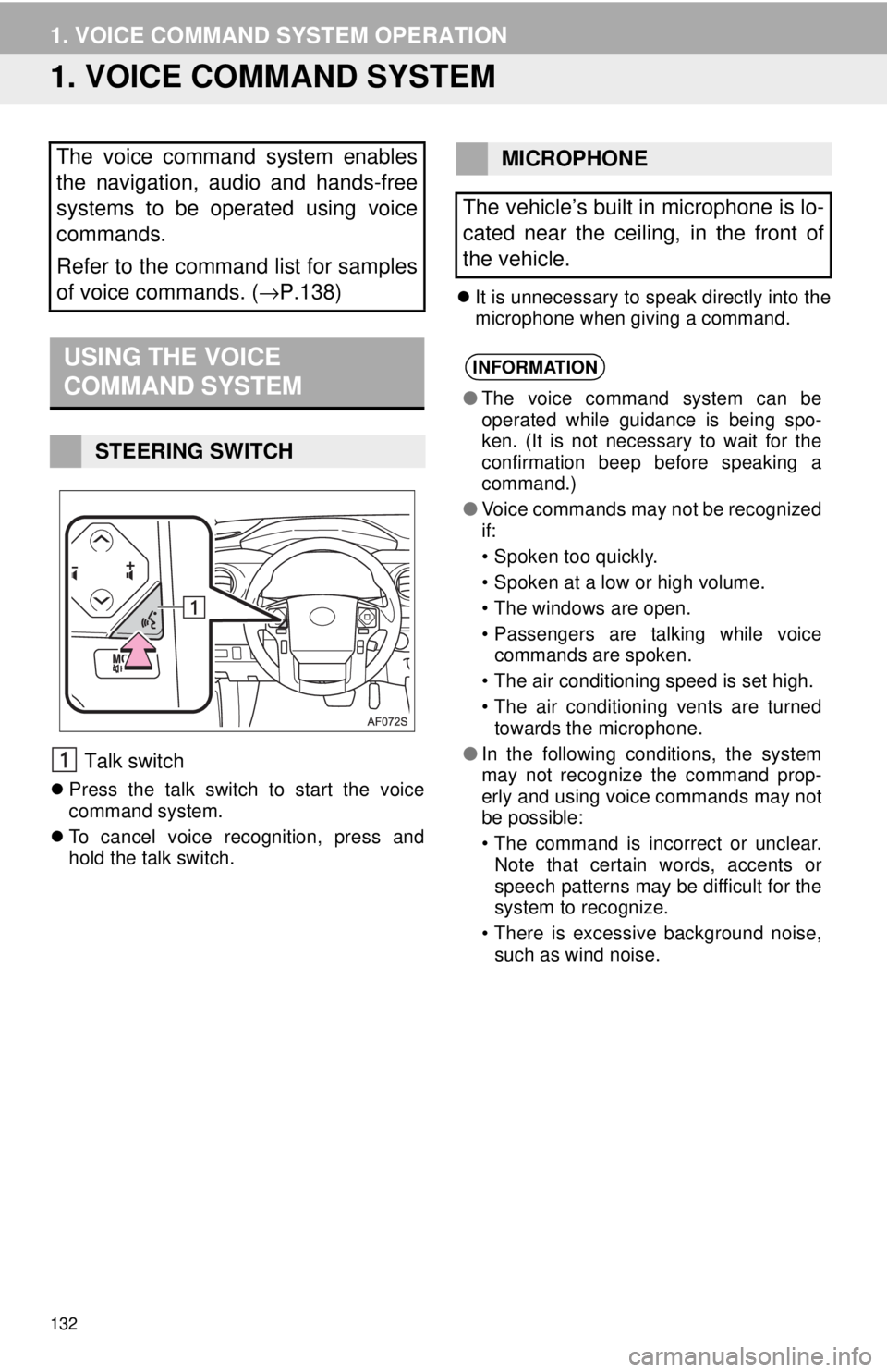 TOYOTA TACOMA 2018 Accessories, Audio & Navigation (in English) 132
1. VOICE COMMAND SYSTEM OPERATION
1. VOICE COMMAND SYSTEM
Talk switch
Press the talk switch to start the voice
command system.
To cancel voice recognition, press and
hold the talk switch. TOYOTA TACOMA 2018 Accessories, Audio & Navigation (in English) 132
1. VOICE COMMAND SYSTEM OPERATION
1. VOICE COMMAND SYSTEM
Talk switch
Press the talk switch to start the voice
command system.
To cancel voice recognition, press and
hold the talk switch.