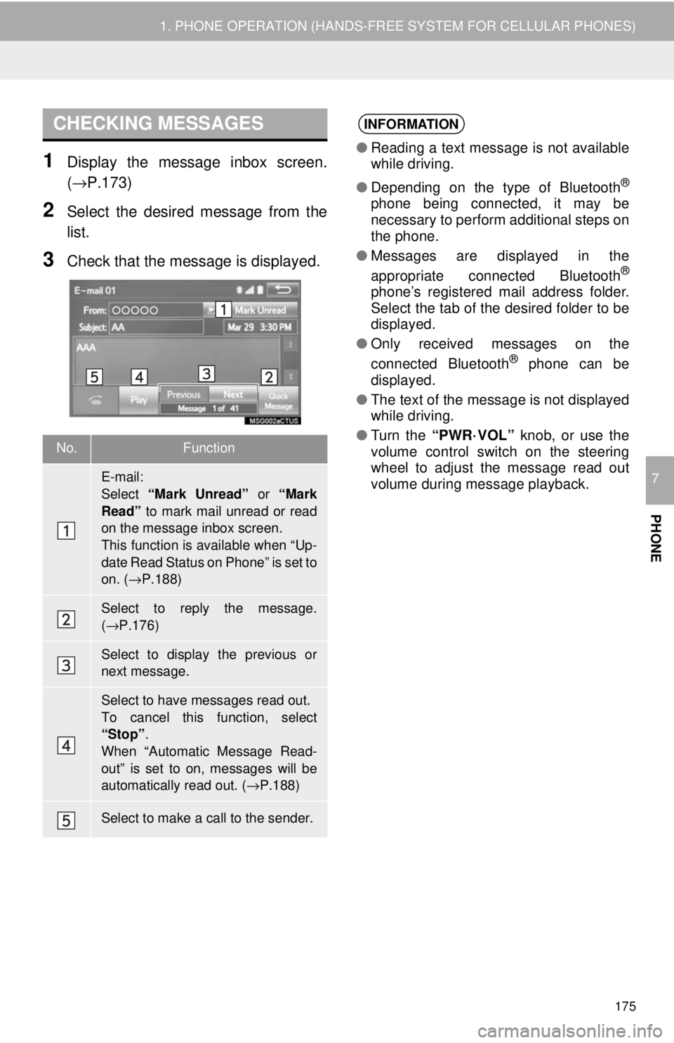 TOYOTA TACOMA 2018 Accessories, Audio & Navigation (in English) 175
1. PHONE OPERATION (HANDS-FREE SYSTEM FOR CELLULAR PHONES)
PHONE
7
1Display the message inbox screen.
(→P.173)
2Select the desired message from the
list.
3Check that the message is displayed.
CH TOYOTA TACOMA 2018 Accessories, Audio & Navigation (in English) 175
1. PHONE OPERATION (HANDS-FREE SYSTEM FOR CELLULAR PHONES)
PHONE
7
1Display the message inbox screen.
(→P.173)
2Select the desired message from the
list.
3Check that the message is displayed.
CH