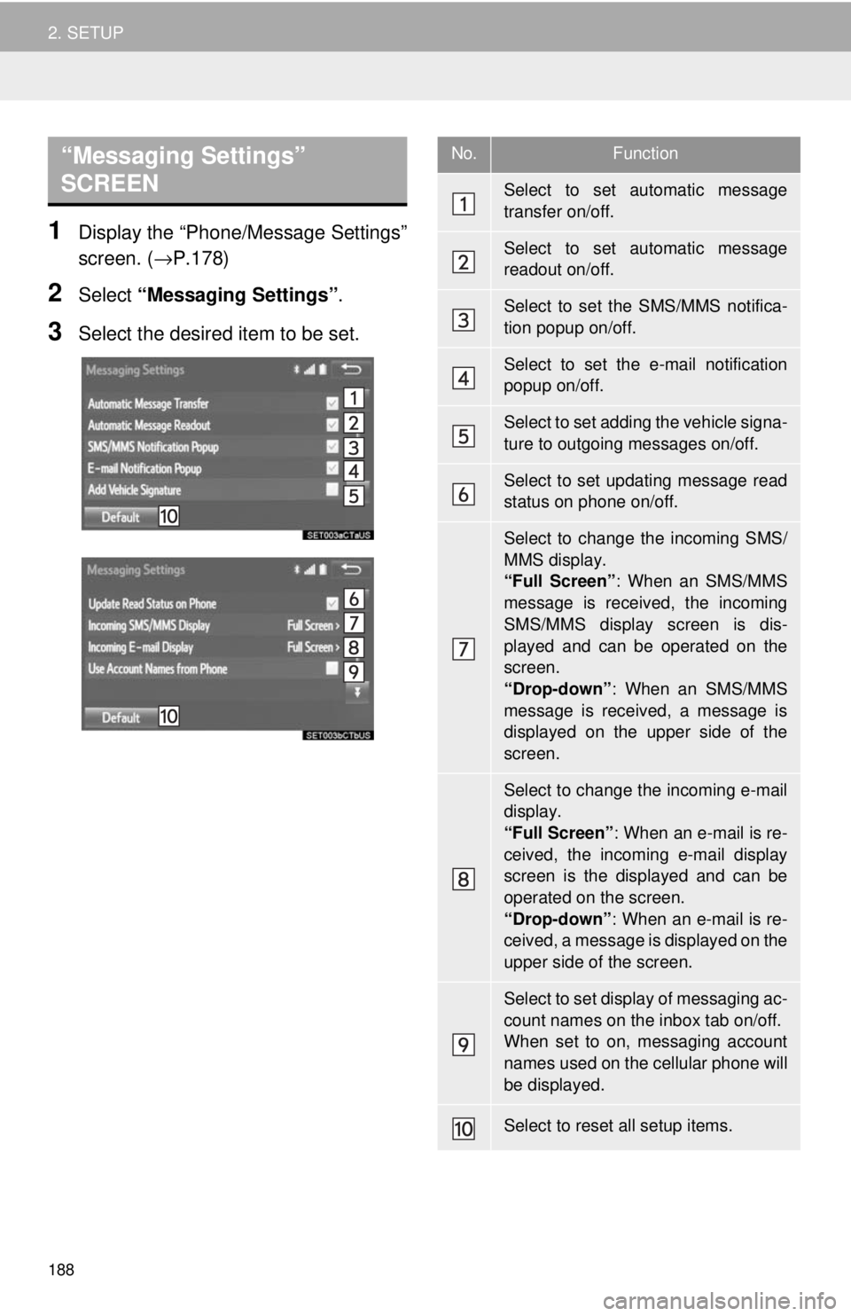 TOYOTA TACOMA 2018 Accessories, Audio & Navigation (in English) 188
2. SETUP
1Display the “Phone/Message Settings”
screen. (→P.178)
2Select “Messaging Settings” .
3Select the desired item to be set.
“Messaging Settings”
SCREEN No.Function
Select to TOYOTA TACOMA 2018 Accessories, Audio & Navigation (in English) 188
2. SETUP
1Display the “Phone/Message Settings”
screen. (→P.178)
2Select “Messaging Settings” .
3Select the desired item to be set.
“Messaging Settings”
SCREEN No.Function
Select to
