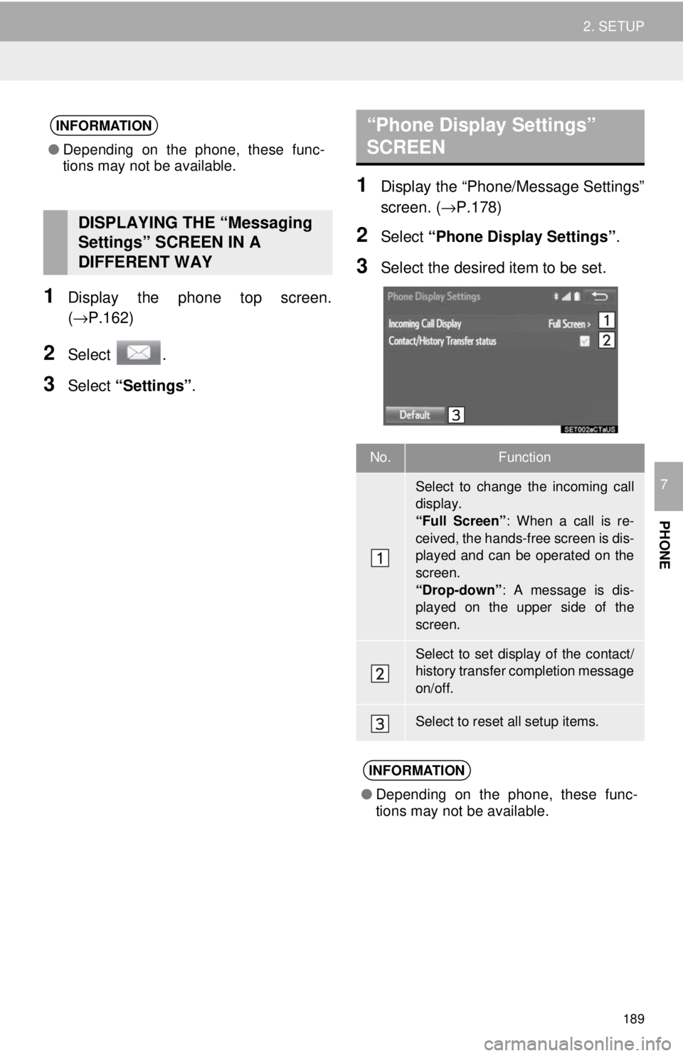 TOYOTA TACOMA 2018 Accessories, Audio & Navigation (in English) 189
2. SETUP
PHONE
7
1Display the phone top screen.
(→P.162)
2Select .
3Select “Settings” .
1Display the “Phone/Message Settings”
screen. (→P.178)
2Select “Phone Display Settings” .
3S TOYOTA TACOMA 2018 Accessories, Audio & Navigation (in English) 189
2. SETUP
PHONE
7
1Display the phone top screen.
(→P.162)
2Select .
3Select “Settings” .
1Display the “Phone/Message Settings”
screen. (→P.178)
2Select “Phone Display Settings” .
3S
