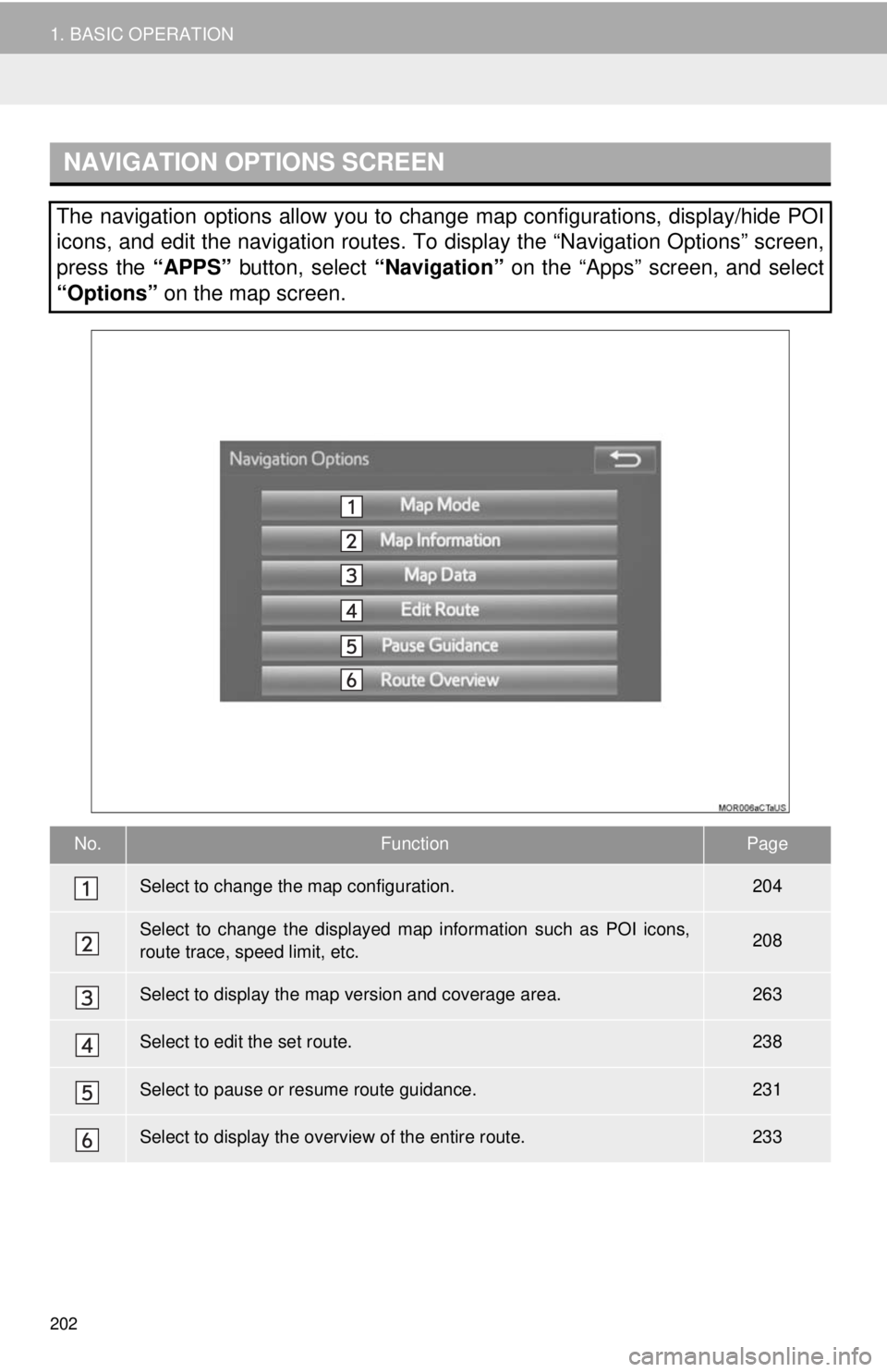 TOYOTA TACOMA 2018 Accessories, Audio & Navigation (in English) 202
1. BASIC OPERATION
NAVIGATION OPTIONS SCREEN
The navigation options allow you to change map configurations, display/hide POI
icons, and edit the navigation routes. To display the “Navigation Opt TOYOTA TACOMA 2018 Accessories, Audio & Navigation (in English) 202
1. BASIC OPERATION
NAVIGATION OPTIONS SCREEN
The navigation options allow you to change map configurations, display/hide POI
icons, and edit the navigation routes. To display the “Navigation Opt