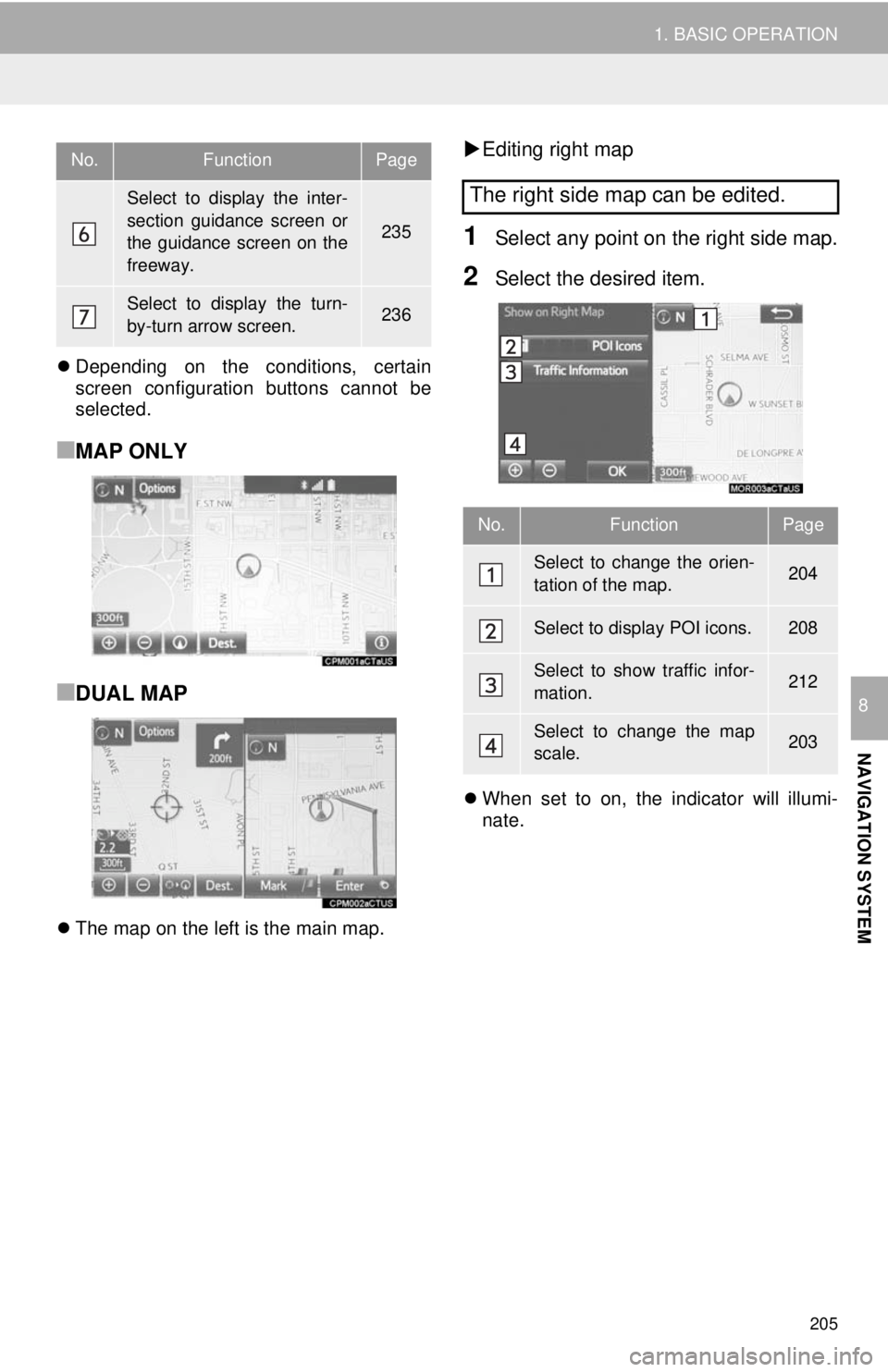 TOYOTA TACOMA 2018 Accessories, Audio & Navigation (in English) 205
1. BASIC OPERATION
NAVIGATION SYSTEM
8
Depending on the conditions, certain
screen configuration buttons cannot be
selected.
■MAP ONLY
■DUAL MAP
The map on the left is the main map.
E TOYOTA TACOMA 2018 Accessories, Audio & Navigation (in English) 205
1. BASIC OPERATION
NAVIGATION SYSTEM
8
Depending on the conditions, certain
screen configuration buttons cannot be
selected.
■MAP ONLY
■DUAL MAP
The map on the left is the main map.
E
