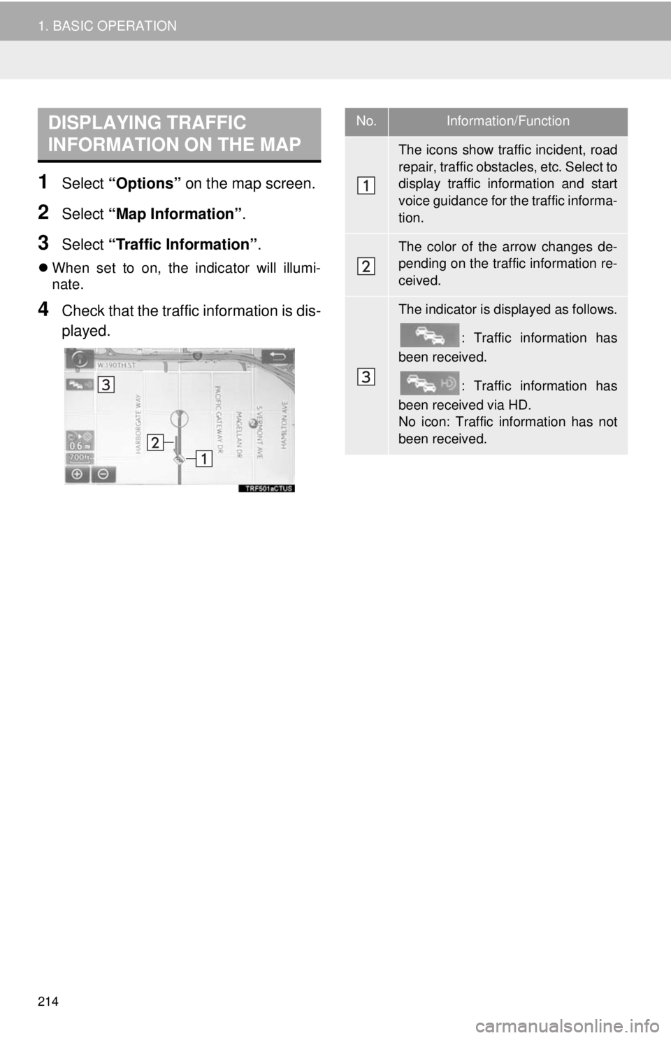 TOYOTA TACOMA 2018 Accessories, Audio & Navigation (in English) 214
1. BASIC OPERATION
1Select “Options” on the map screen.
2Select “Map Information” .
3Select “Traffic Information” .
When set to on, the indicator will illumi-
nate.
4Check that the TOYOTA TACOMA 2018 Accessories, Audio & Navigation (in English) 214
1. BASIC OPERATION
1Select “Options” on the map screen.
2Select “Map Information” .
3Select “Traffic Information” .
When set to on, the indicator will illumi-
nate.
4Check that the