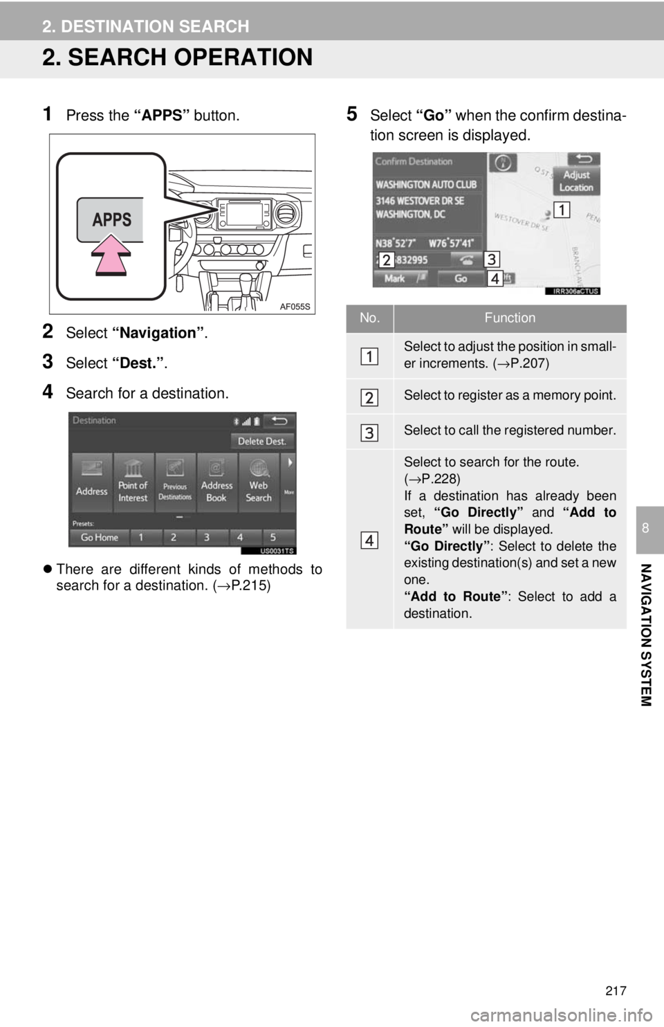 TOYOTA TACOMA 2018 Accessories, Audio & Navigation (in English) 217
2. DESTINATION SEARCH
NAVIGATION SYSTEM
8
2. SEARCH OPERATION
1Press the “APPS” button.
2Select “Navigation” .
3Select “Dest.” .
4Search for a destination.
There are different kinds TOYOTA TACOMA 2018 Accessories, Audio & Navigation (in English) 217
2. DESTINATION SEARCH
NAVIGATION SYSTEM
8
2. SEARCH OPERATION
1Press the “APPS” button.
2Select “Navigation” .
3Select “Dest.” .
4Search for a destination.
There are different kinds