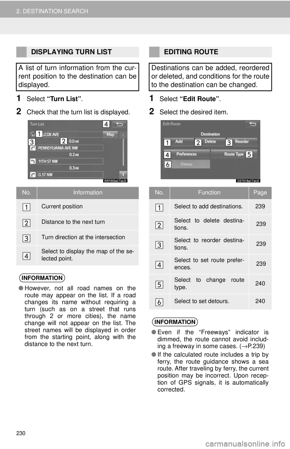 TOYOTA TACOMA 2018  Accessories, Audio & Navigation (in English) 230
2. DESTINATION SEARCH
1Select “Turn List” .
2Check that the turn list is displayed.
1Select “Edit Route” .
2Select the desired item.
DISPLAYING TURN LIST
A list of turn information from th