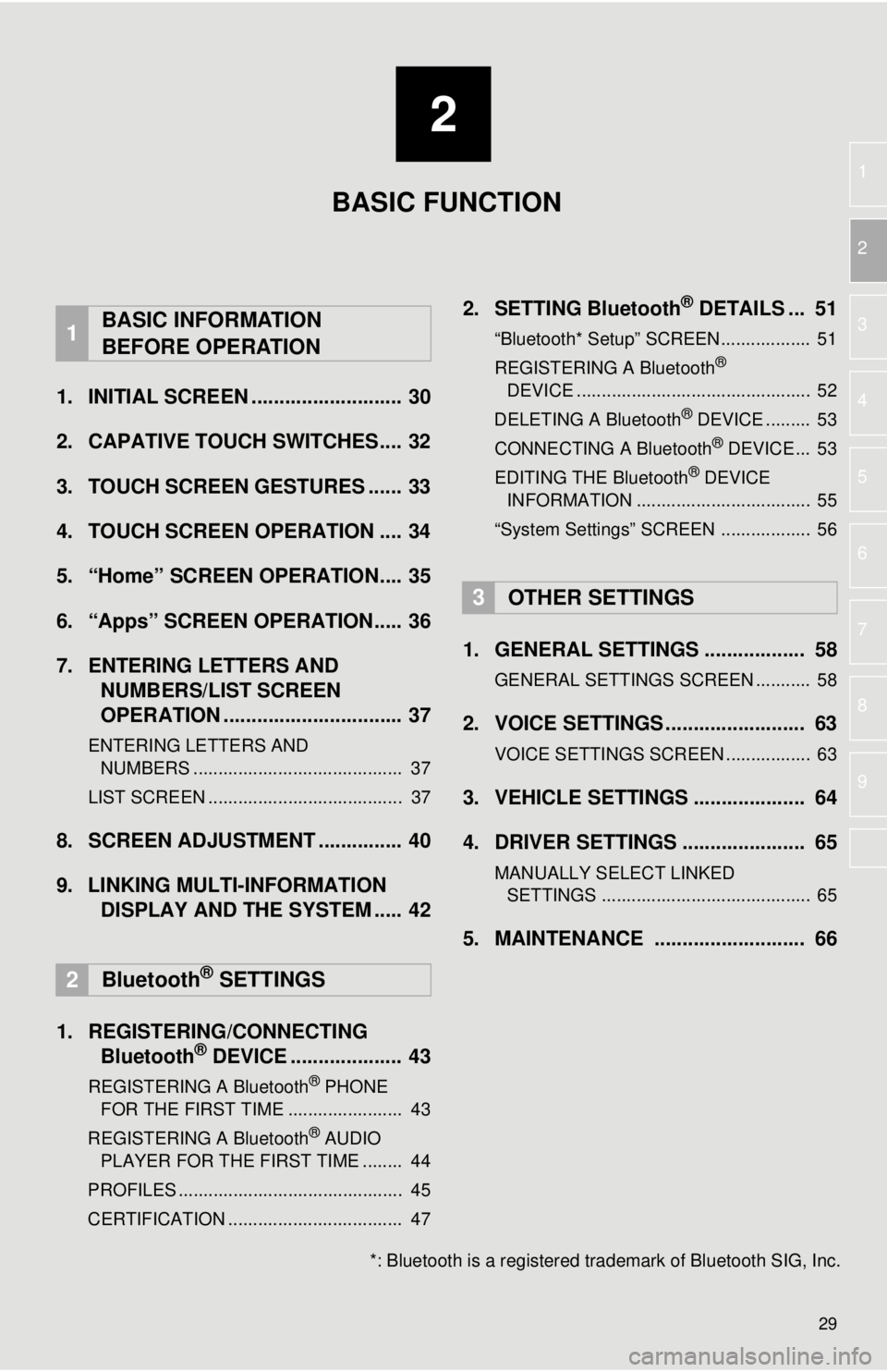TOYOTA TACOMA 2018 Accessories, Audio & Navigation (in English) 2
29
1
2
3
4
5
6
7
8
9
1. INITIAL SCREEN ........................... 30
2. CAPATIVE TOUCH SWITCHES.... 32
3. TOUCH SCREEN GESTURES ...... 33
4. TOUCH SCREEN OPERATION .... 34
5. “Home” SCREEN OPER TOYOTA TACOMA 2018 Accessories, Audio & Navigation (in English) 2
29
1
2
3
4
5
6
7
8
9
1. INITIAL SCREEN ........................... 30
2. CAPATIVE TOUCH SWITCHES.... 32
3. TOUCH SCREEN GESTURES ...... 33
4. TOUCH SCREEN OPERATION .... 34
5. “Home” SCREEN OPER