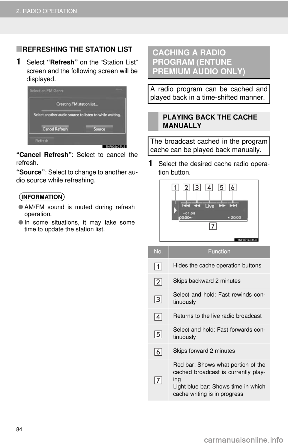 TOYOTA TACOMA 2018 Accessories, Audio & Navigation (in English) 84
2. RADIO OPERATION
■REFRESHING THE STATION LIST
1Select “Refresh” on the “Station List”
screen and the following screen will be
displayed.
“Cancel Refresh” : Select to cancel the
ref TOYOTA TACOMA 2018 Accessories, Audio & Navigation (in English) 84
2. RADIO OPERATION
■REFRESHING THE STATION LIST
1Select “Refresh” on the “Station List”
screen and the following screen will be
displayed.
“Cancel Refresh” : Select to cancel the
ref