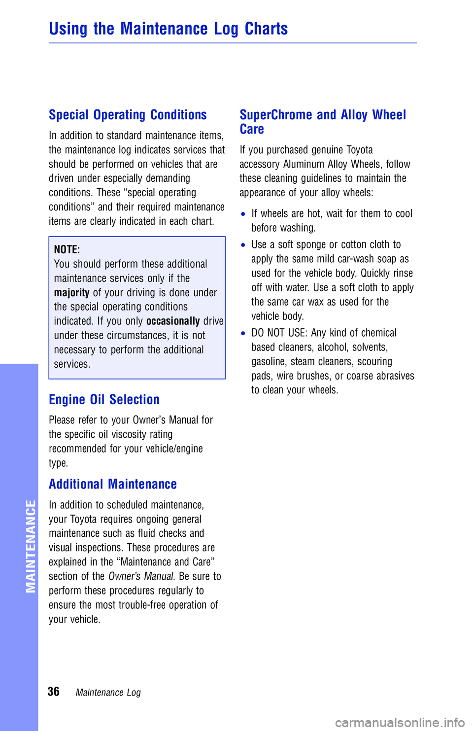 TOYOTA TACOMA 2018 Warranties & Maintenance Guides (in English) JOBNAME: 2878019-en-2018_Taco PAGE: 36 SESS: 4 OUTPUT: Mon Sep 25 11:49:43 2017
/InfoShareAuthorCODA/InfoShareAuthorCODA/TS_Warr_Maint/2878019-en-2018_T\
acoma.00505-18WMG-TAC_vX/TS_Warr_Maint_v1
Spec TOYOTA TACOMA 2018 Warranties & Maintenance Guides (in English) JOBNAME: 2878019-en-2018_Taco PAGE: 36 SESS: 4 OUTPUT: Mon Sep 25 11:49:43 2017
/InfoShareAuthorCODA/InfoShareAuthorCODA/TS_Warr_Maint/2878019-en-2018_T\
acoma.00505-18WMG-TAC_vX/TS_Warr_Maint_v1
Spec