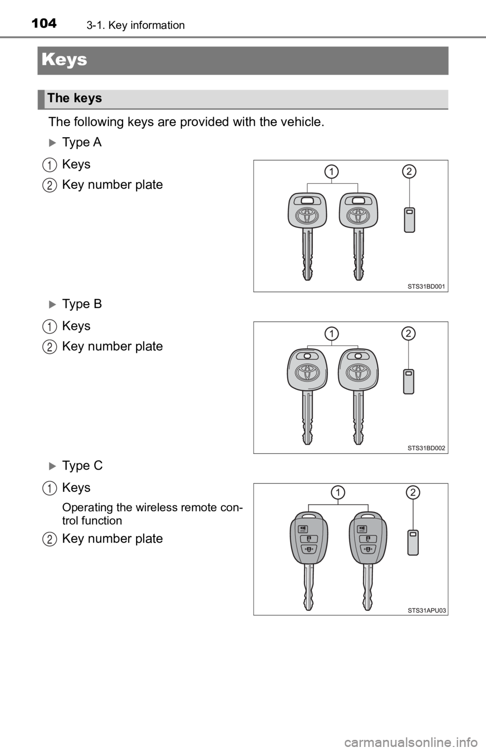 TOYOTA TACOMA 2019 Owners Manual (in English) 1043-1. Key information
Keys
The following keys are provided with the vehicle.
Ty p e A
Keys
Key number plate
Ty p e B
Keys
Key number plate
Ty p e C
Keys
Operating the wireless remote c TOYOTA TACOMA 2019 Owners Manual (in English) 1043-1. Key information
Keys
The following keys are provided with the vehicle.
Ty p e A
Keys
Key number plate
Ty p e B
Keys
Key number plate
Ty p e C
Keys
Operating the wireless remote c