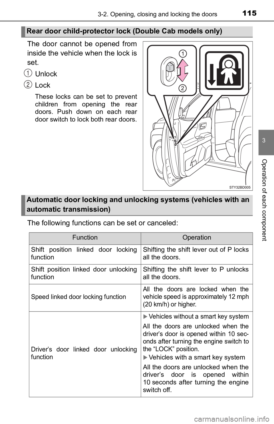 TOYOTA TACOMA 2019  Owners Manual (in English) 1153-2. Opening, closing and locking the doors
3
Operation of each component
The  door  cannot  be  opened  from
inside the vehicle when the lock is
set.
Unlock
Lock
These  locks  can  be  set  to  pr