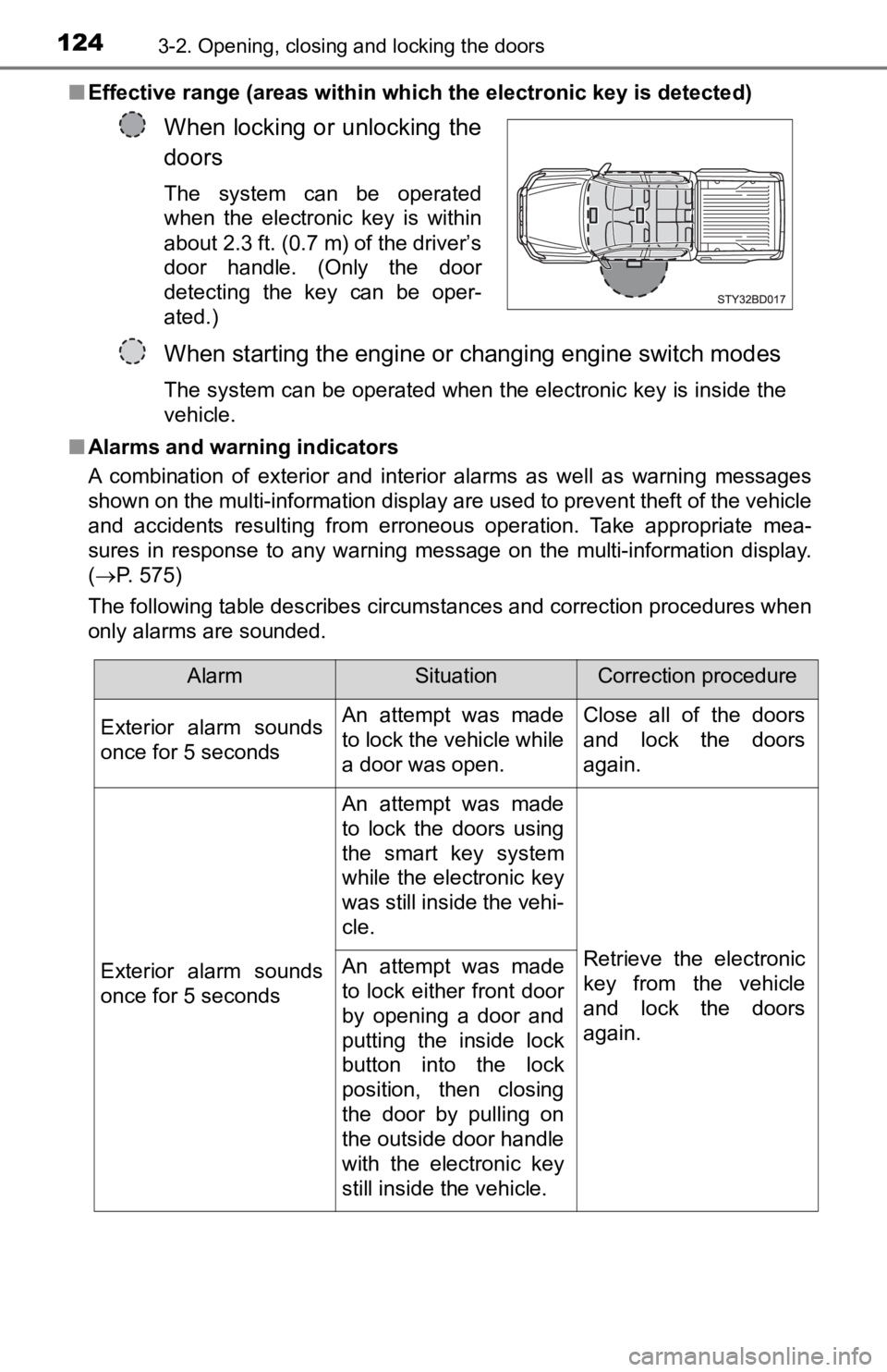 TOYOTA TACOMA 2019  Owners Manual (in English) 1243-2. Opening, closing and locking the doors
■Effective range (areas within which the electronic key is detec ted)
■ Alarms and warning indicators
A  combination  of  exterior  and  interior  al