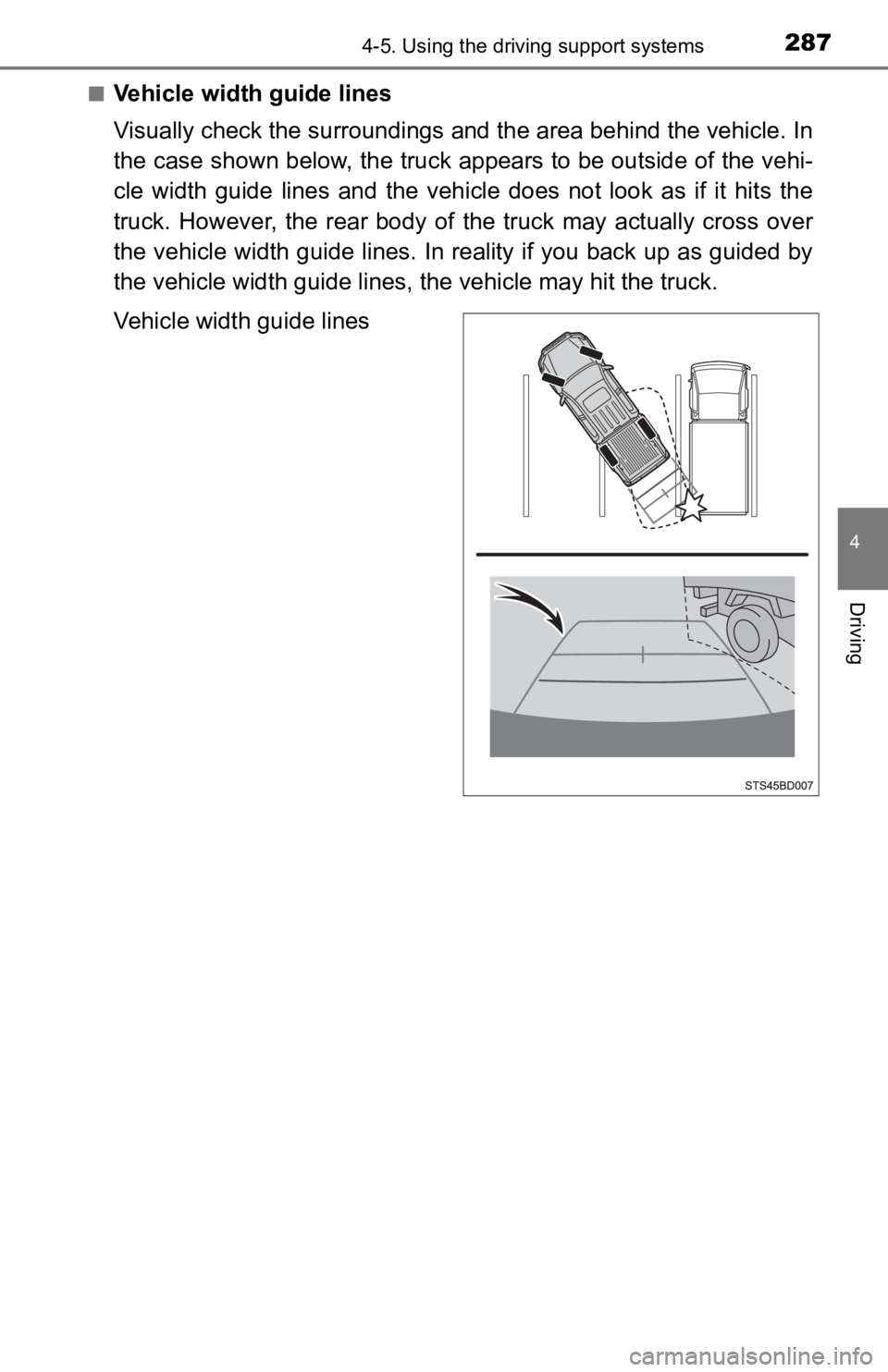 TOYOTA TACOMA 2019 Owners Manual (in English) 2874-5. Using the driving support systems
4
Driving
■Vehicle width guide lines
Visually check the surroundings and the area behind the vehicle. In
the case shown below, the truck appears to be outsi TOYOTA TACOMA 2019 Owners Manual (in English) 2874-5. Using the driving support systems
4
Driving
■Vehicle width guide lines
Visually check the surroundings and the area behind the vehicle. In
the case shown below, the truck appears to be outsi